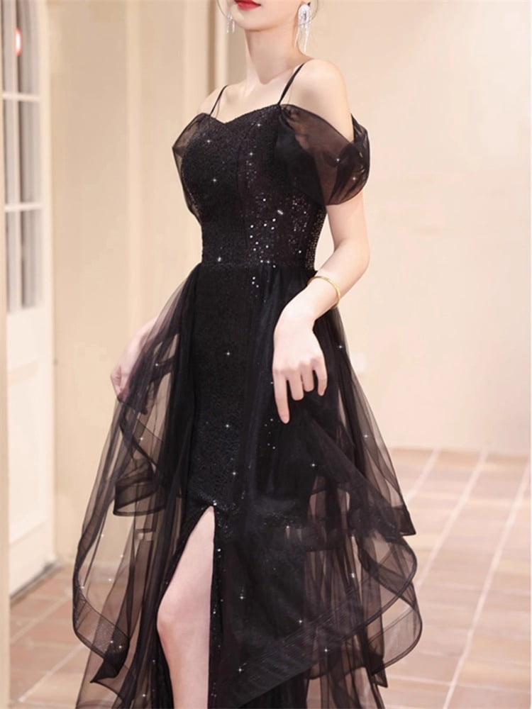 thumbnail image 2 of Black Sparkly Mesh Formal Gown for Women, Spaghetti Strap Short Sleeve Slim Fit Maxi Dress, Wedding Guest Evening Party Dress for Banquet Ceremony, 2 of 6