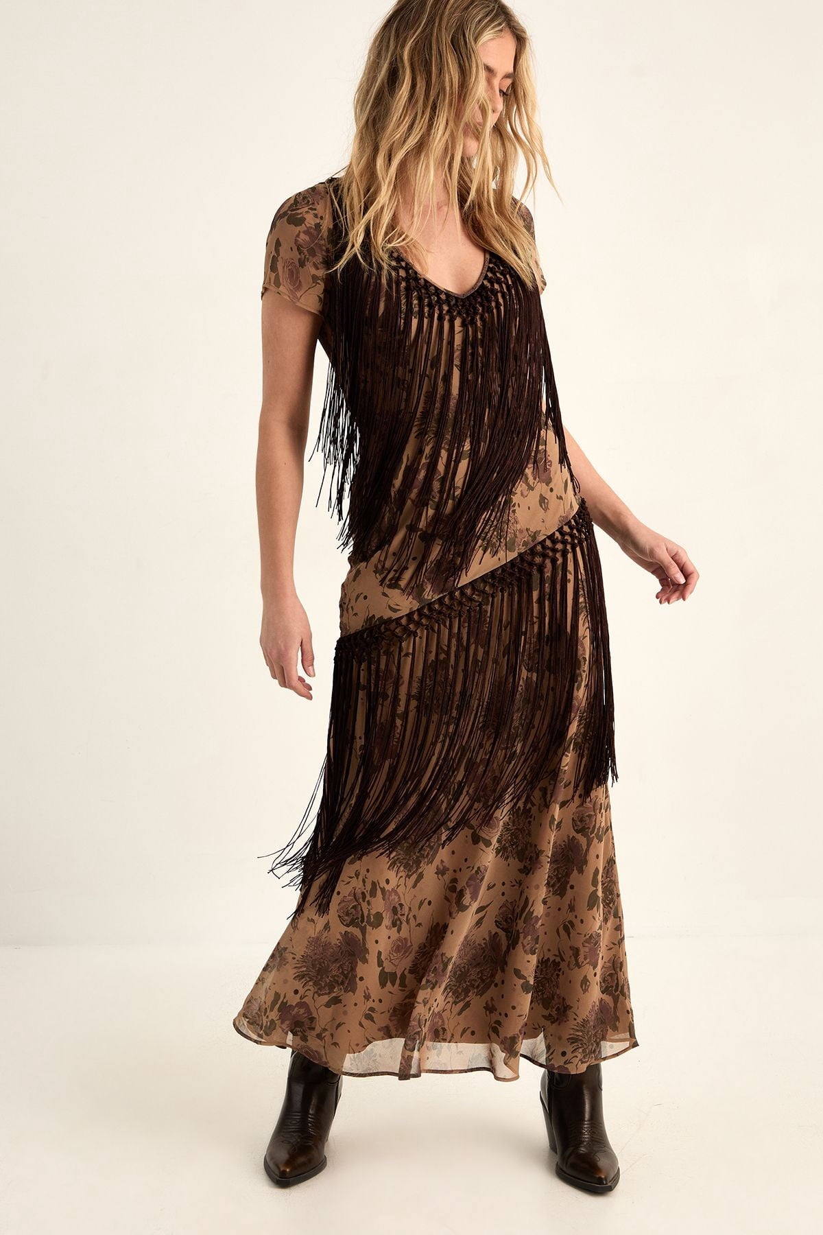 thumbnail image 3 of Nasty Gal Floral Chiffon Fringe Maxi Dress - Cream, 4, 3 of 5