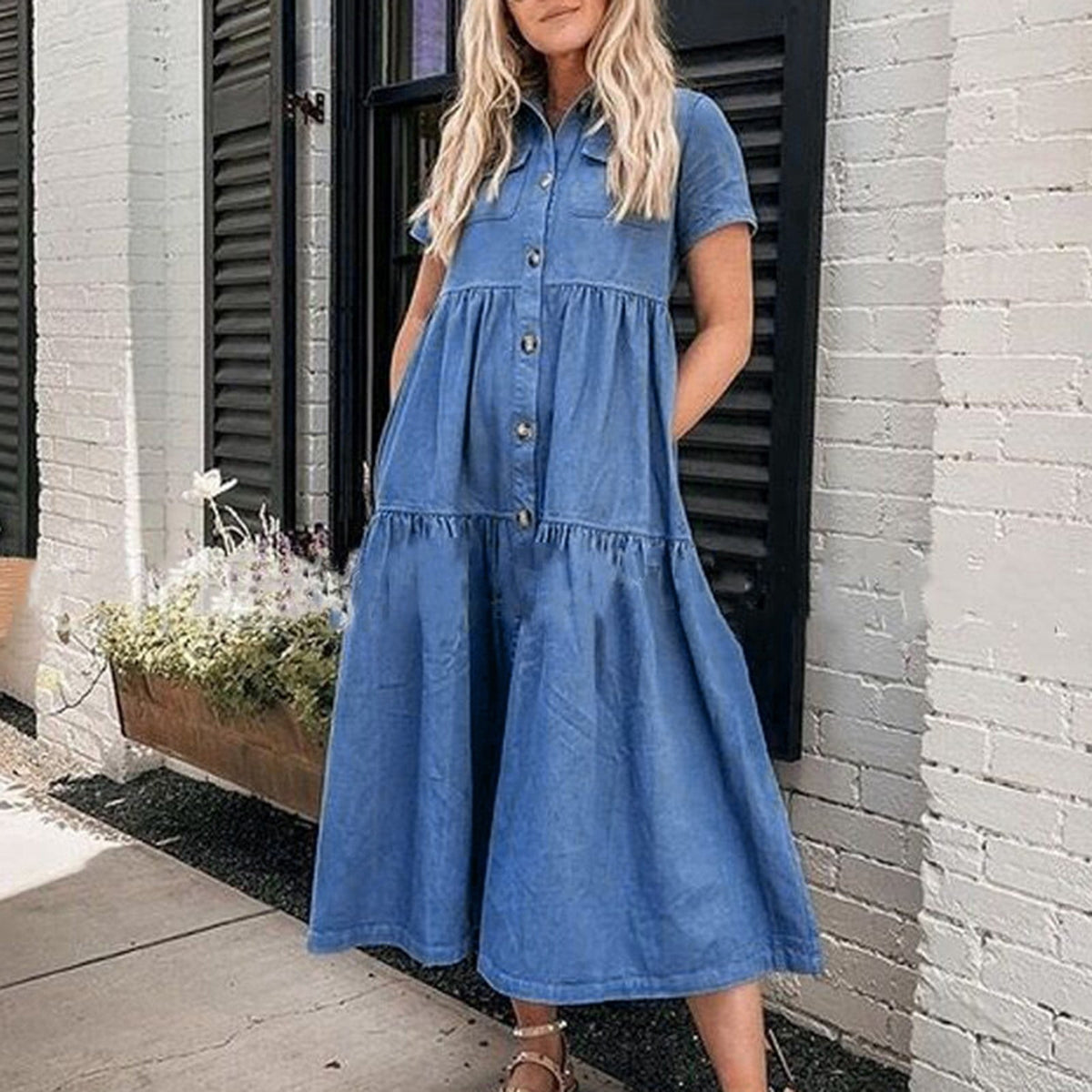 thumbnail image 3 of Women's Denim Maxi Dress, Solid Color Short Sleeve Button Down Collar Casual Sundress with Pockets, Long Length Jean Dress for Daily Summer Wear and Street Style Blue, 3 of 10
