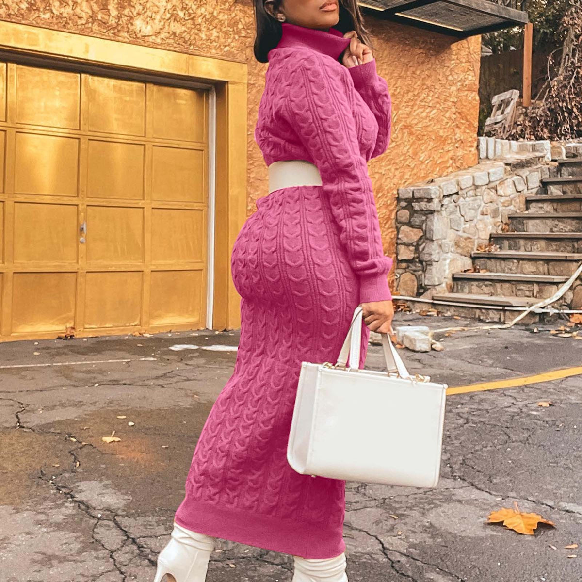 thumbnail image 4 of DHFJKG Sweater Dress For Women Knit Jacquard Turtleneck Long Sleeve Solid Color Slim Fit Maxi Dress (Without Belt) Classic Dresses, 4 of 5