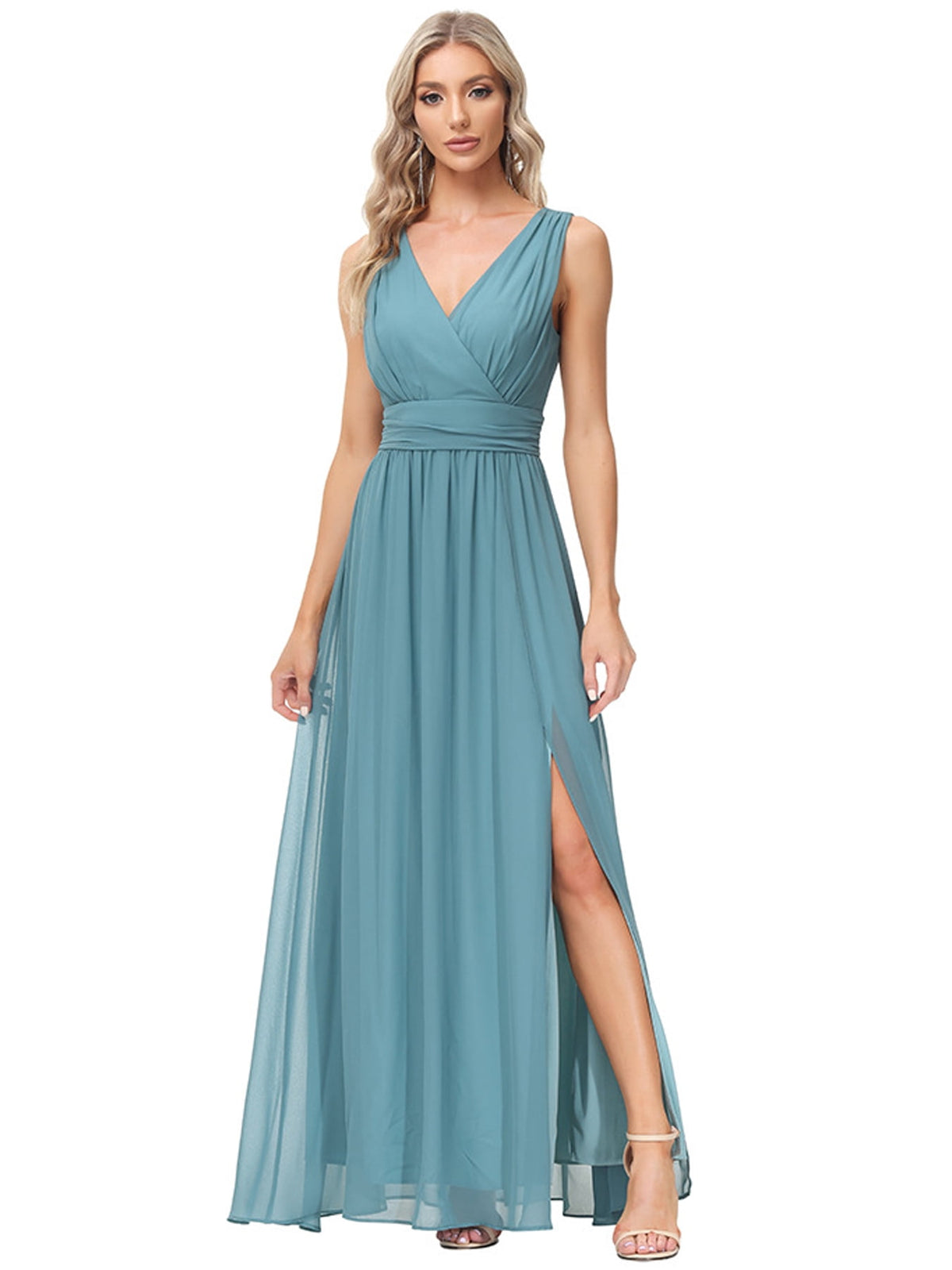 thumbnail image 3 of Beauty-Emily One Piece Elegant Women's Chiffon Maxi Formal Dress, Sleeveless V-Neck Mesh Tulle Bridesmaid Long Gown, Breathable Summer Evening Dress for Wedding Guest, Prom, Party & Banquet Occasions, 3 of 7