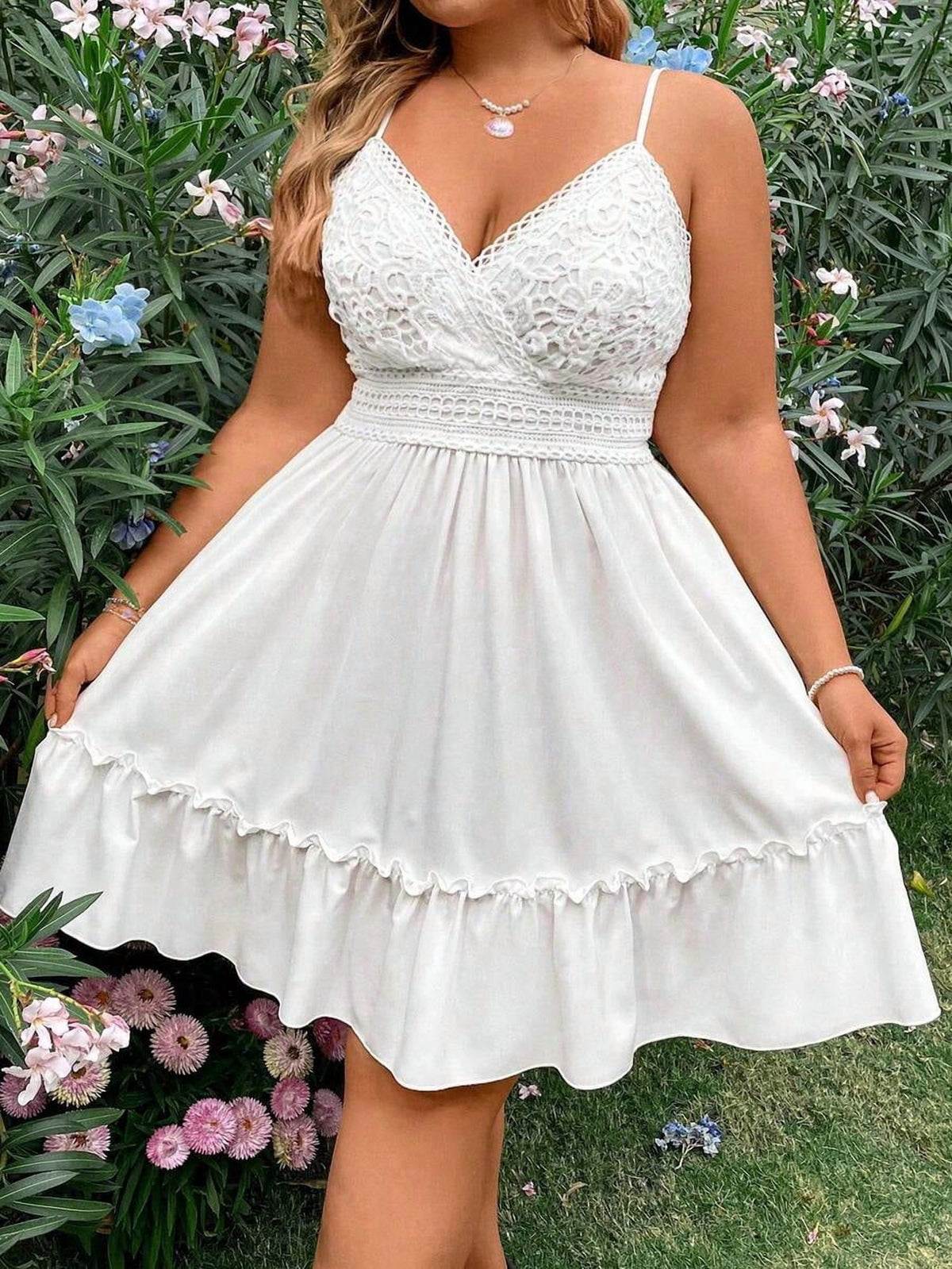 thumbnail image 6 of White Plus Size Lace Cami Dress With Ruffle Hem, 6 of 8