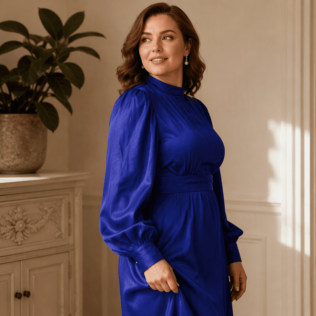 thumbnail image 5 of Plus Size Faux Denim Wrap Waist Maxi Dress, Puff Sleeve Mandarin Collar Front Slit Casual Semi-Formal Dress, 5 of 6