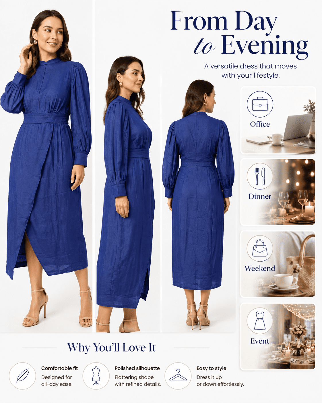 thumbnail image 3 of Plus Size Faux Denim Wrap Waist Maxi Dress, Puff Sleeve Mandarin Collar Front Slit Casual Semi-Formal Dress, 3 of 6