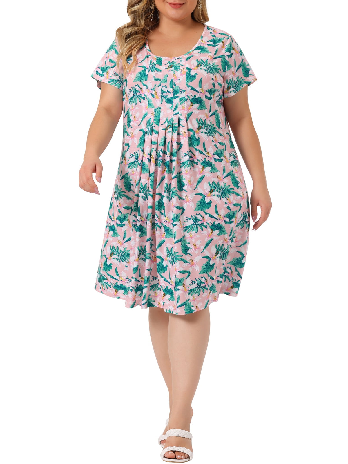 thumbnail image 2 of NOMADIC NOOK Women's Plus Size Flared Dresses and Round Neck Short Sleeves Floral Pleated Summer Midi Dress 3X Pink White/Pink Green, 2 of 7