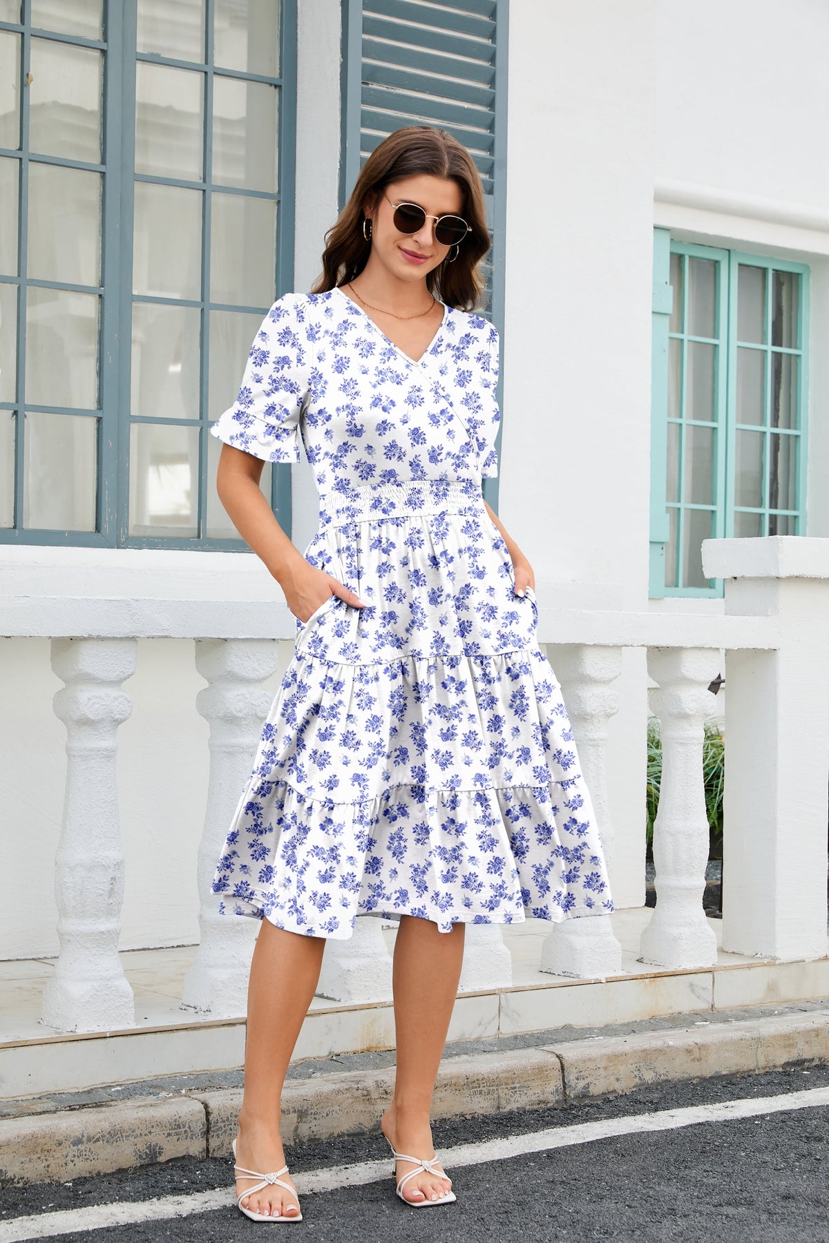 thumbnail image 4 of Zeagoo Floral Midi A-Line Dress Women's Boho V-Neck Spring Summer Dress Layer Ruffle Hem Cute Dress, 4 of 8