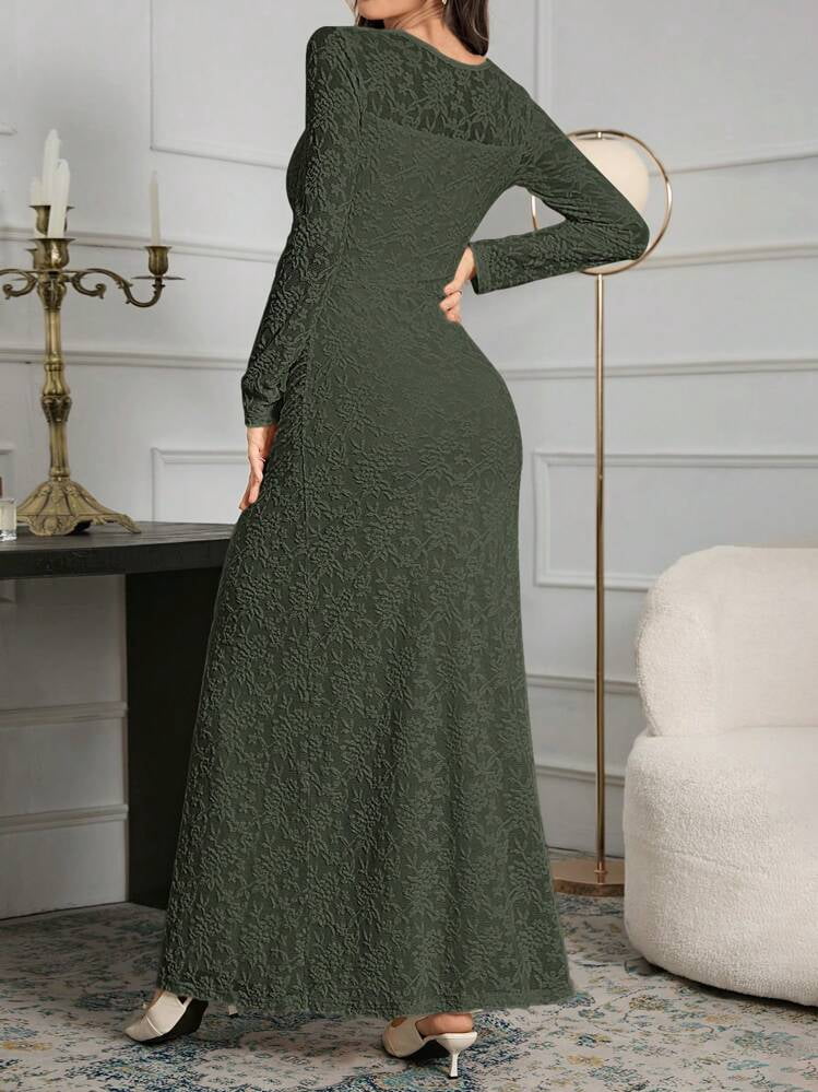 thumbnail image 2 of Dark Green Lace Long Sleeve Square Neck Fitted Evening Dress, 2 of 6