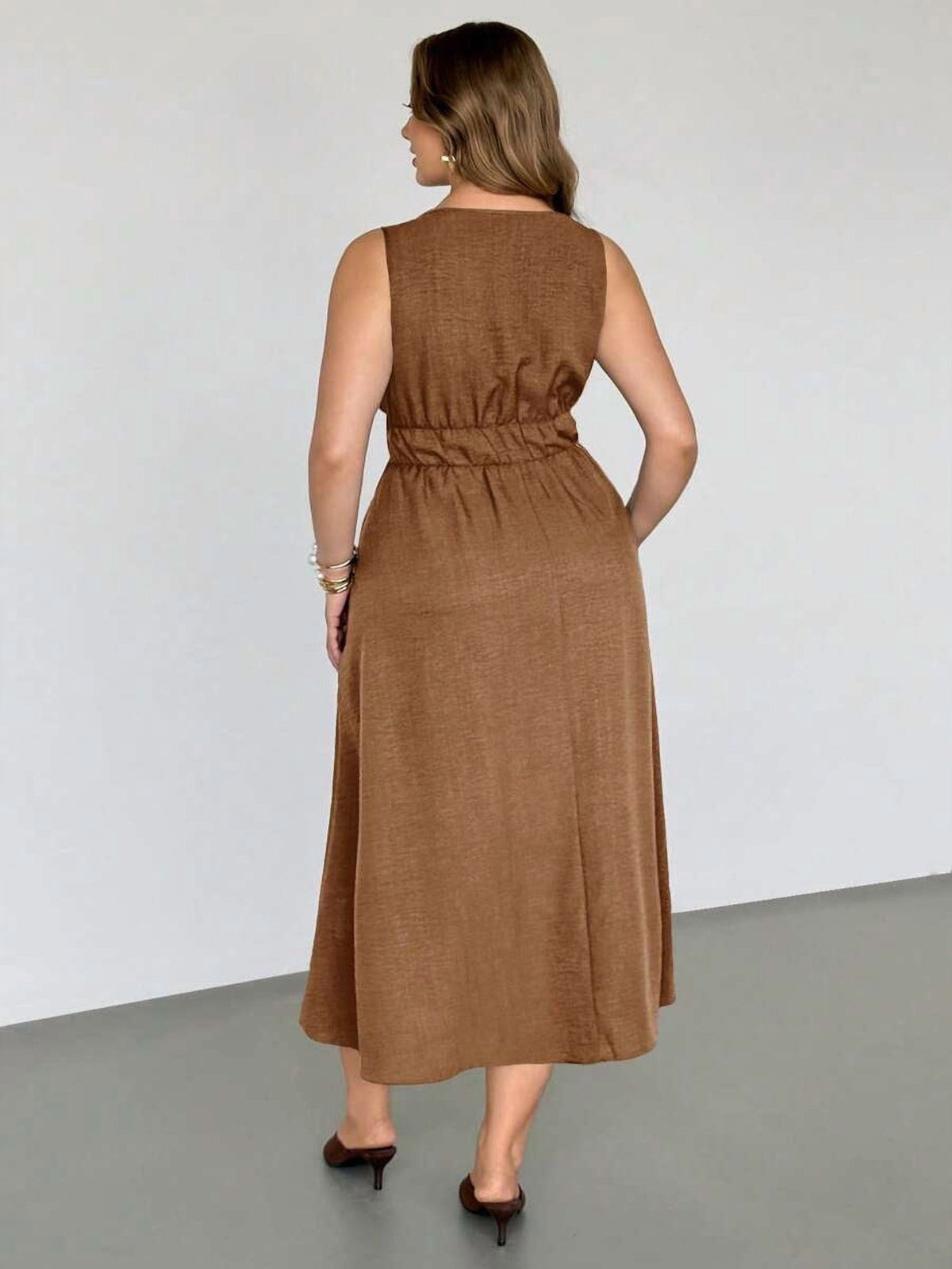 thumbnail image 3 of Womens Sleeveless Camel A-Line Dress With Elasticated Tie Waist And Pockets, 3 of 8