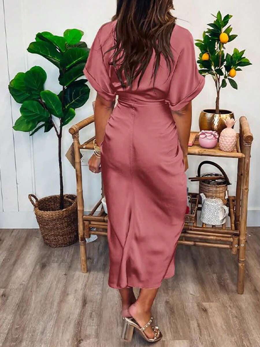 thumbnail image 2 of Dusty Pink Ruched Button Down Midi Dress with Tie Waist, 2 of 5
