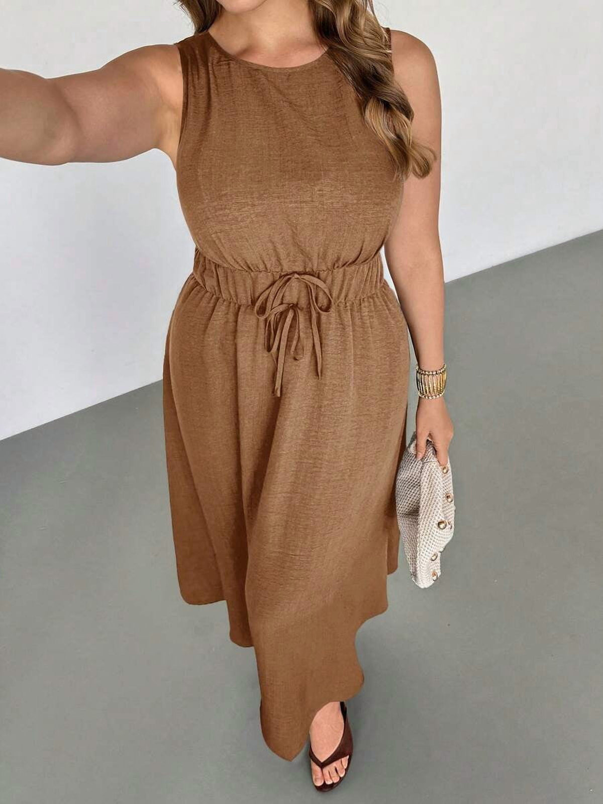thumbnail image 5 of Womens Sleeveless Camel A-Line Dress With Elasticated Tie Waist And Pockets, 5 of 8
