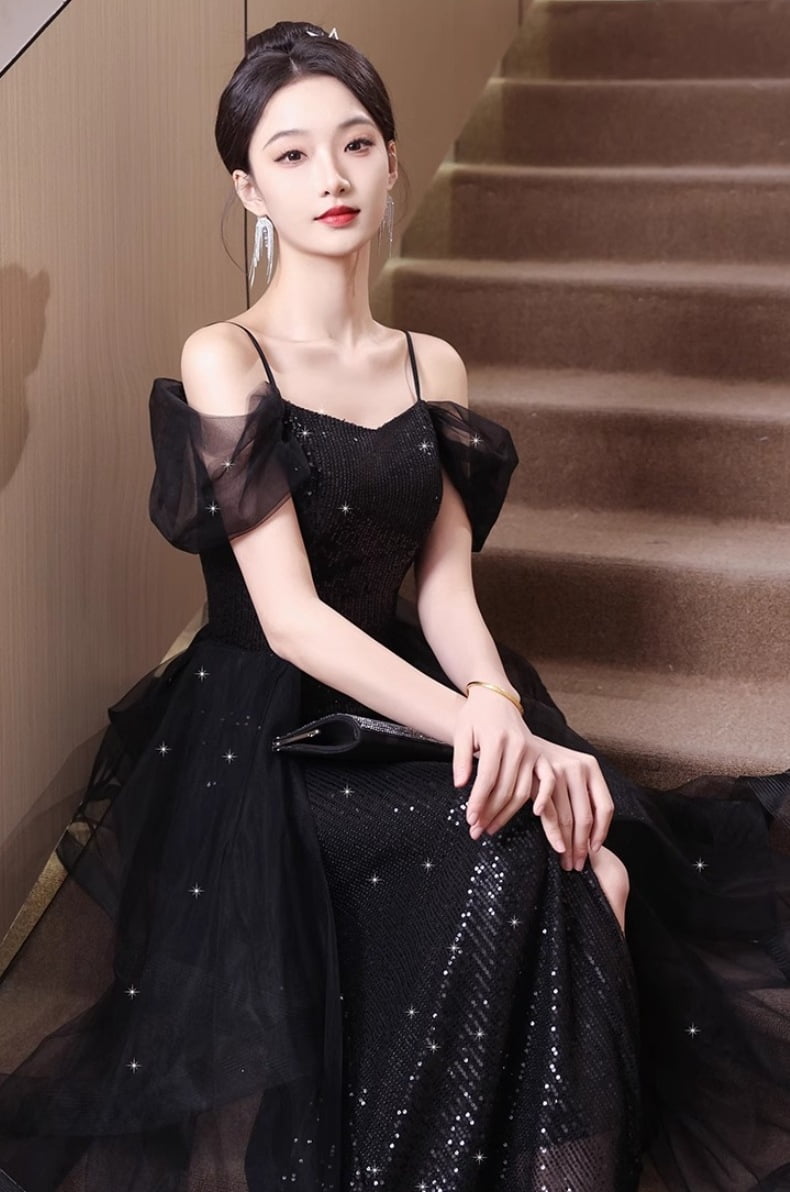 thumbnail image 6 of Black Sparkly Mesh Formal Gown for Women, Spaghetti Strap Short Sleeve Slim Fit Maxi Dress, Wedding Guest Evening Party Dress for Banquet Ceremony, 6 of 6