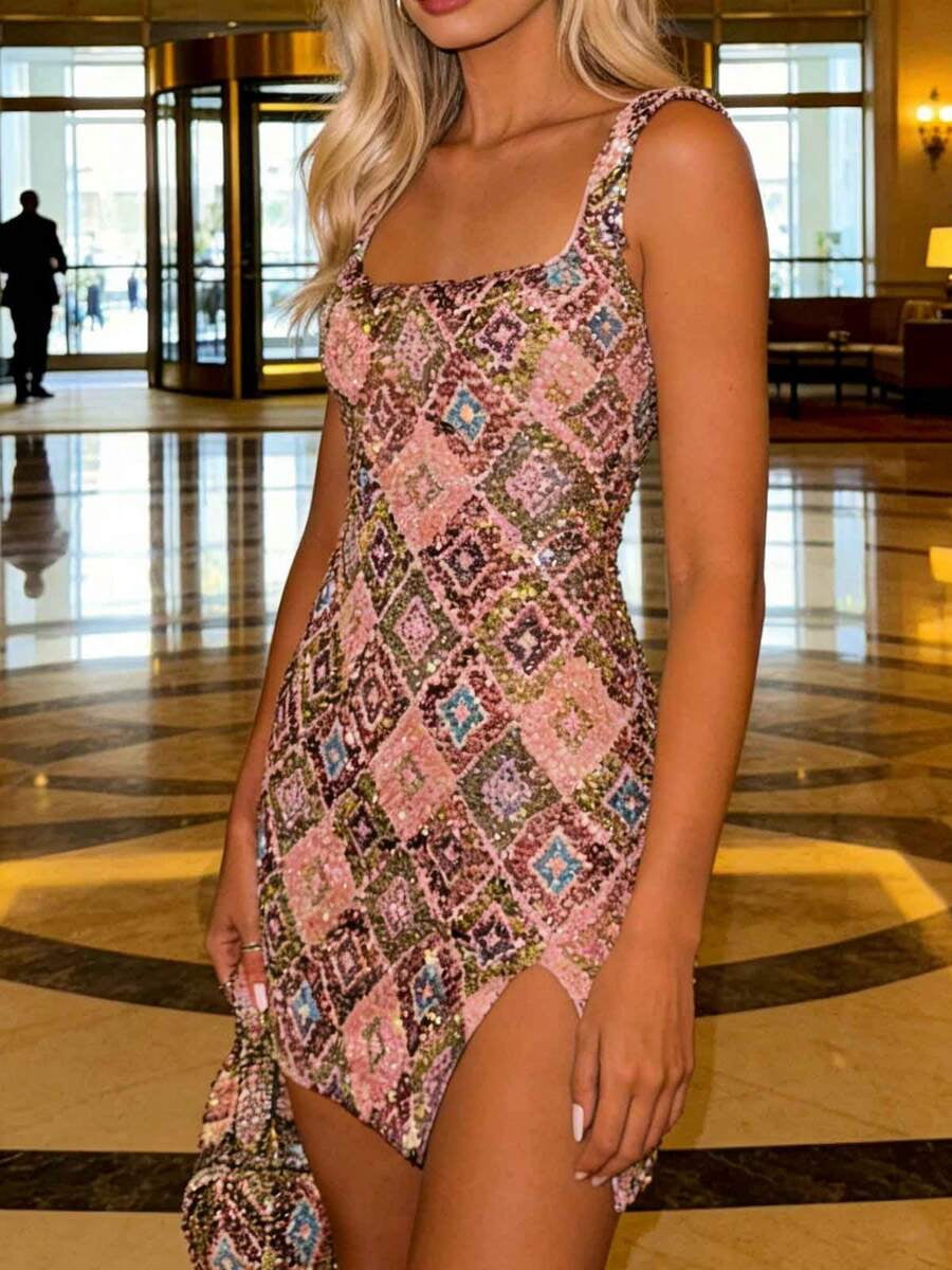 thumbnail image 2 of Pink Dress Sleeveless Square Neck Fitted Party Dress, 2 of 8