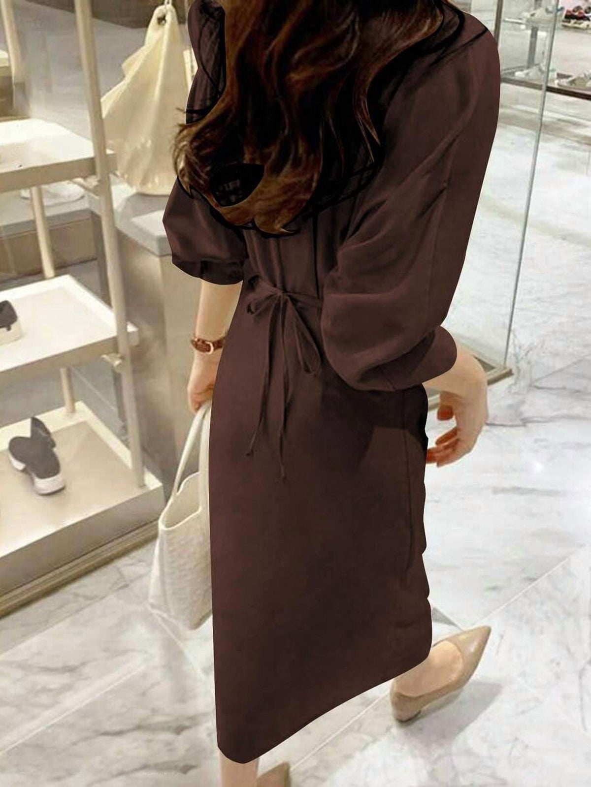thumbnail image 2 of Coffee Dress, Long Sleeve Button Front Midi with Side Split, 2 of 4