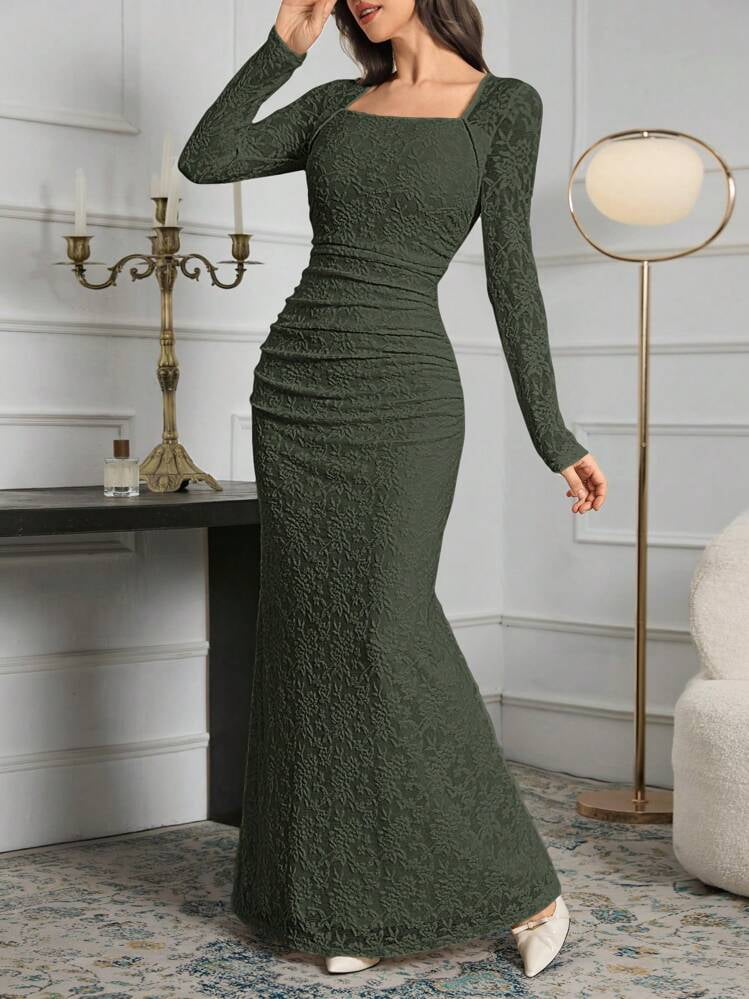 thumbnail image 4 of Dark Green Lace Long Sleeve Square Neck Fitted Evening Dress, 4 of 6