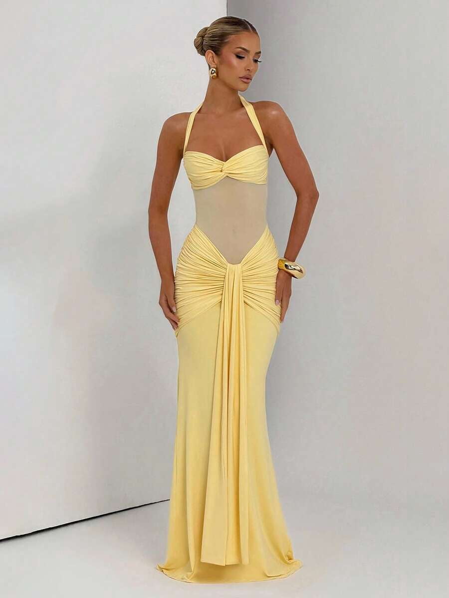 thumbnail image 6 of Yellow Halter Neck Ruched Waist Mermaid Evening Gown, 6 of 8