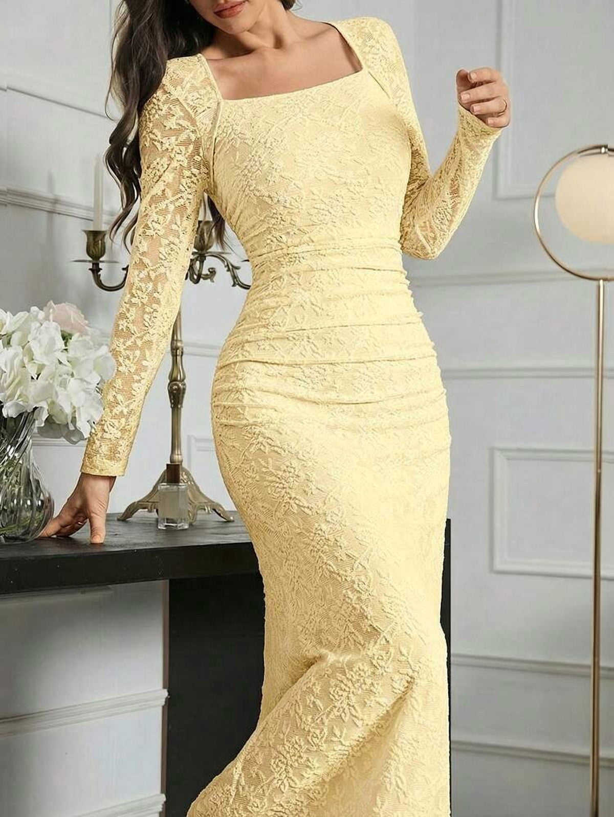 thumbnail image 7 of Pale Yellow Lace Long Sleeve Square Neck Bodycon Evening Dress, 7 of 7