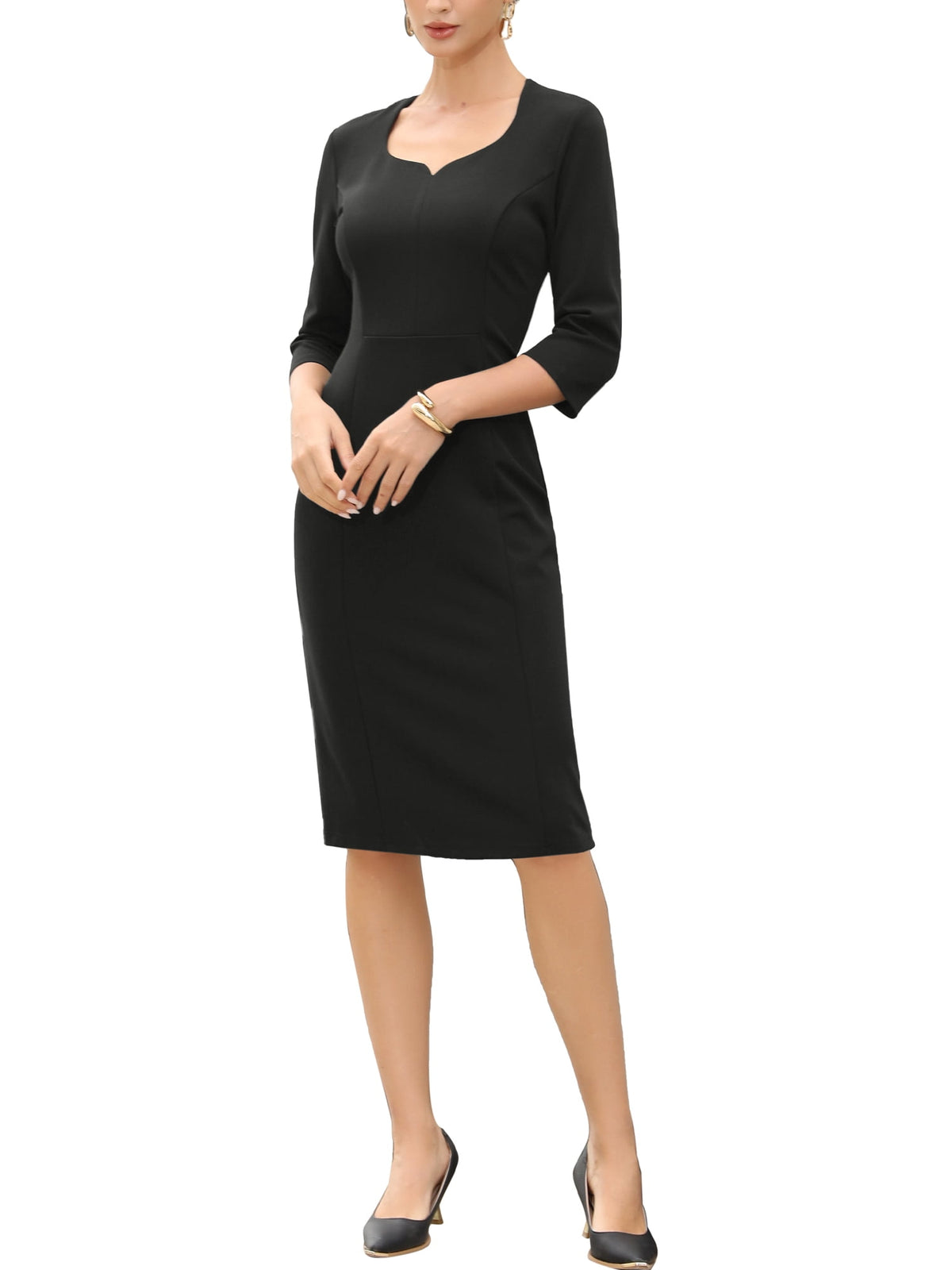 thumbnail image 2 of INSPIRE CHIC Work Midi Dresses for Women's 3/4 Sleeve Sweet Heart Neck Hight Waist Office Dress XS Black, 2 of 6