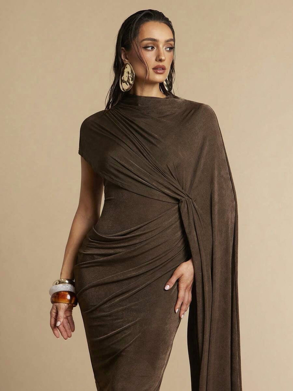 thumbnail image 6 of Elegant Brown Asymmetrical Draped Maxi Dress With Ruched Waist, 6 of 30