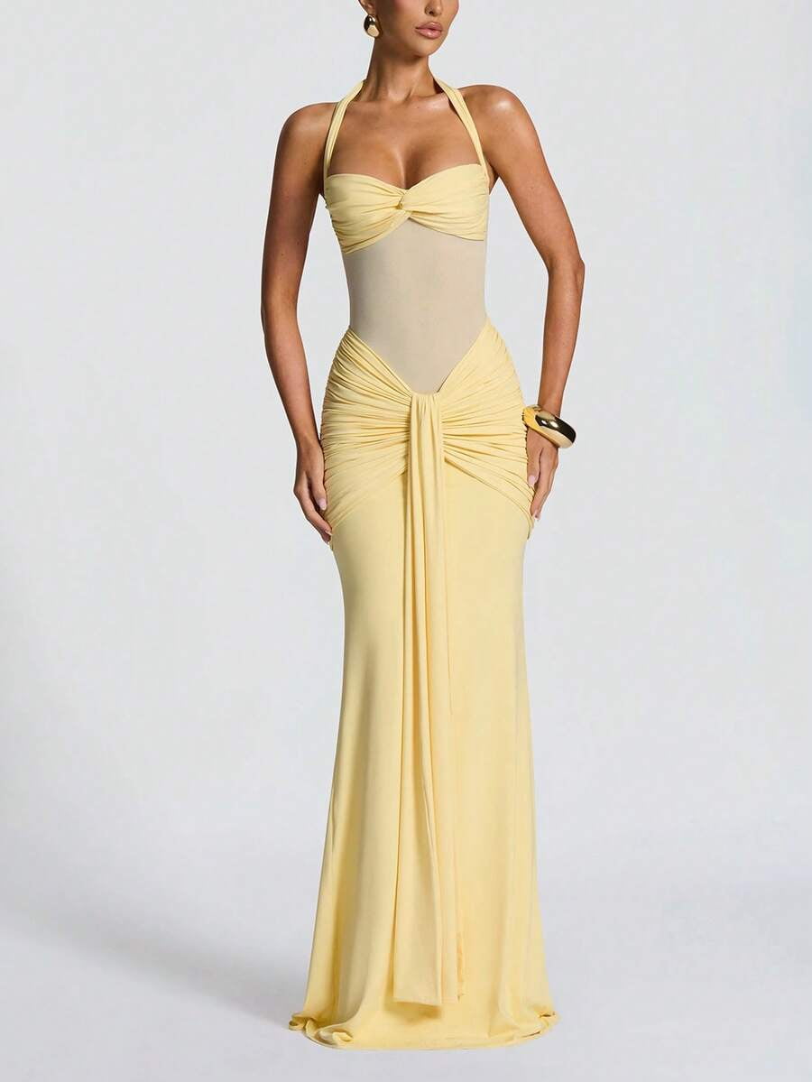 thumbnail image 4 of Yellow Halter Neck Ruched Waist Mermaid Evening Gown, 4 of 8