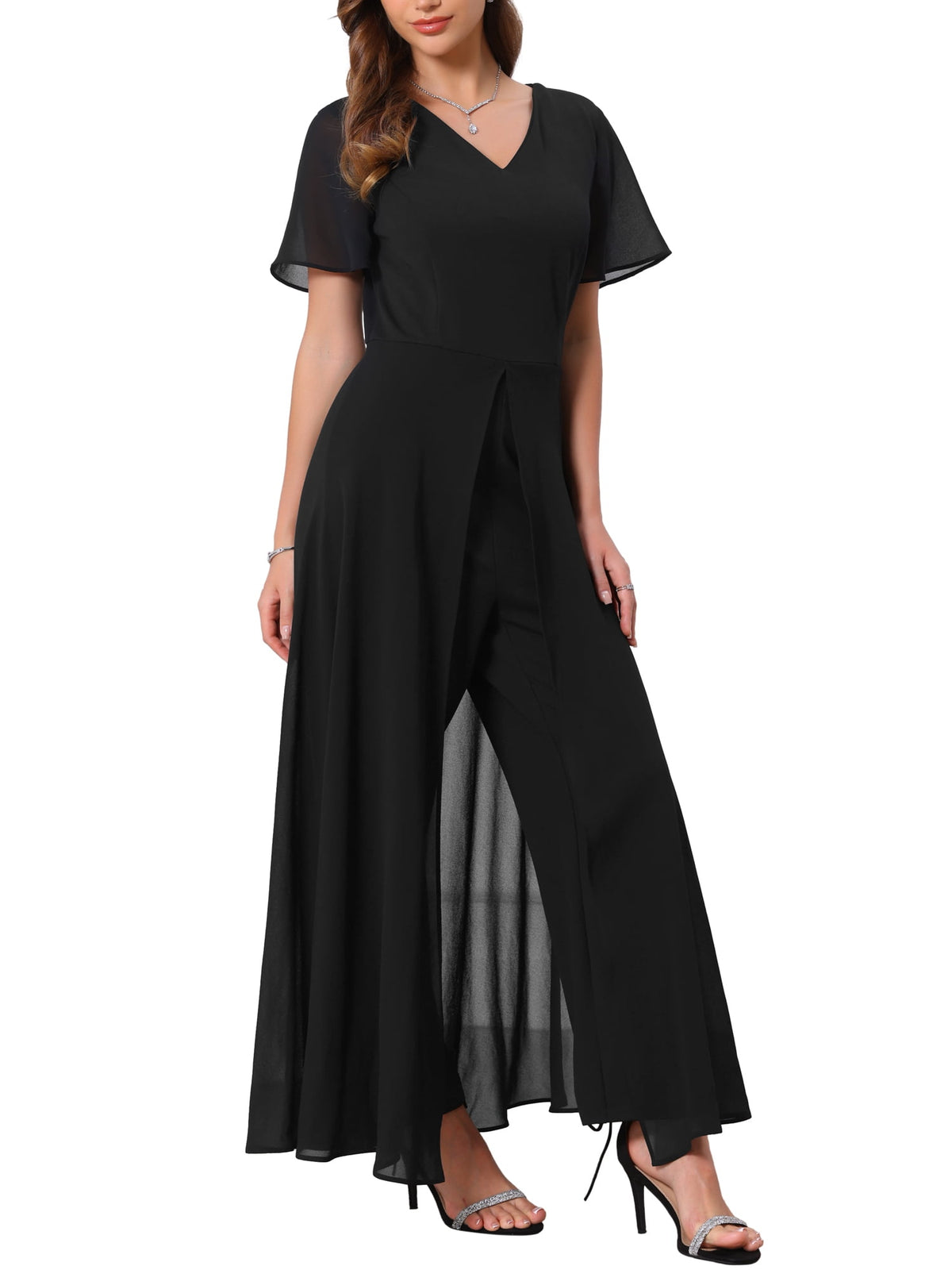 thumbnail image 3 of INSPIRE CHIC Women's Wide Leg Jumpsuits Chiffon Cocktail Dressy Short Sleeves V Neck Jumpsuit Pants S Black, 3 of 7