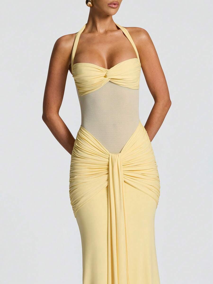 thumbnail image 5 of Yellow Halter Neck Ruched Waist Mermaid Evening Gown, 5 of 8