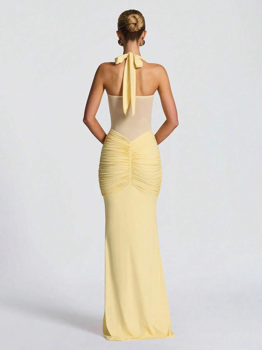 thumbnail image 2 of Yellow Halter Neck Ruched Waist Mermaid Evening Gown, 2 of 8