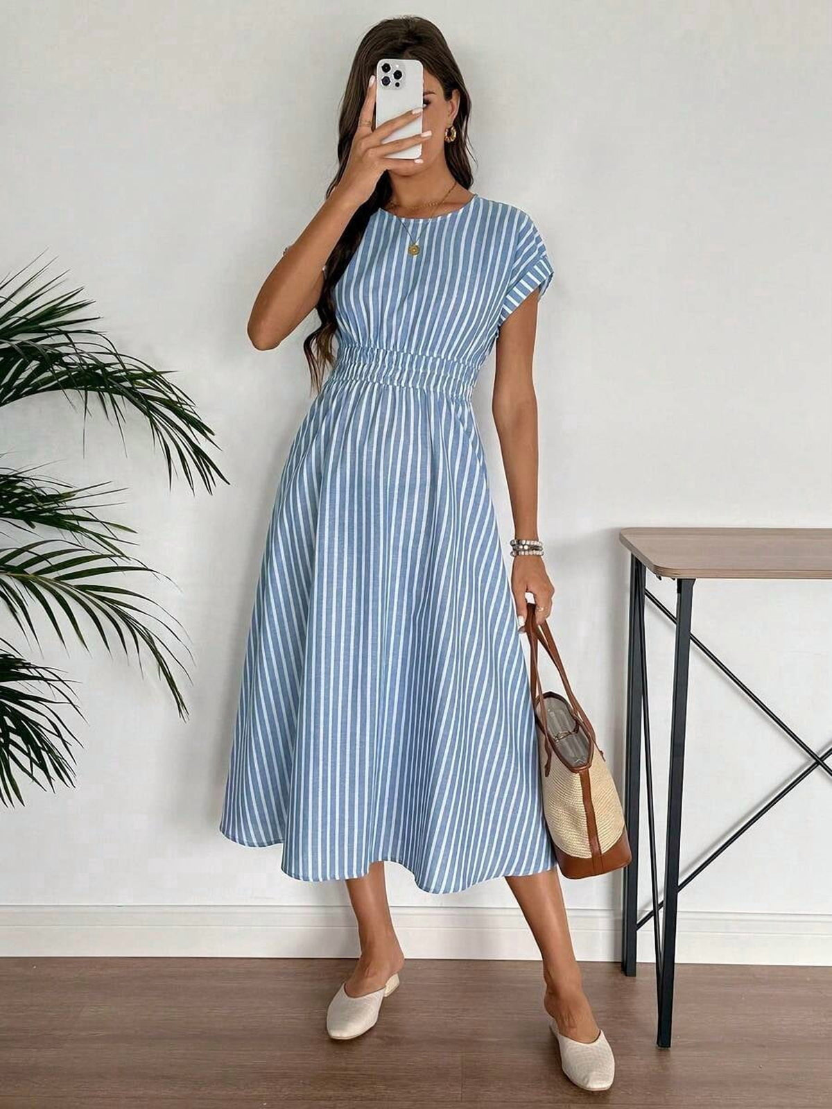 thumbnail image 3 of Womens Blue And White Striped Ruched Waist Midi Dress Summer Vacation, 3 of 9