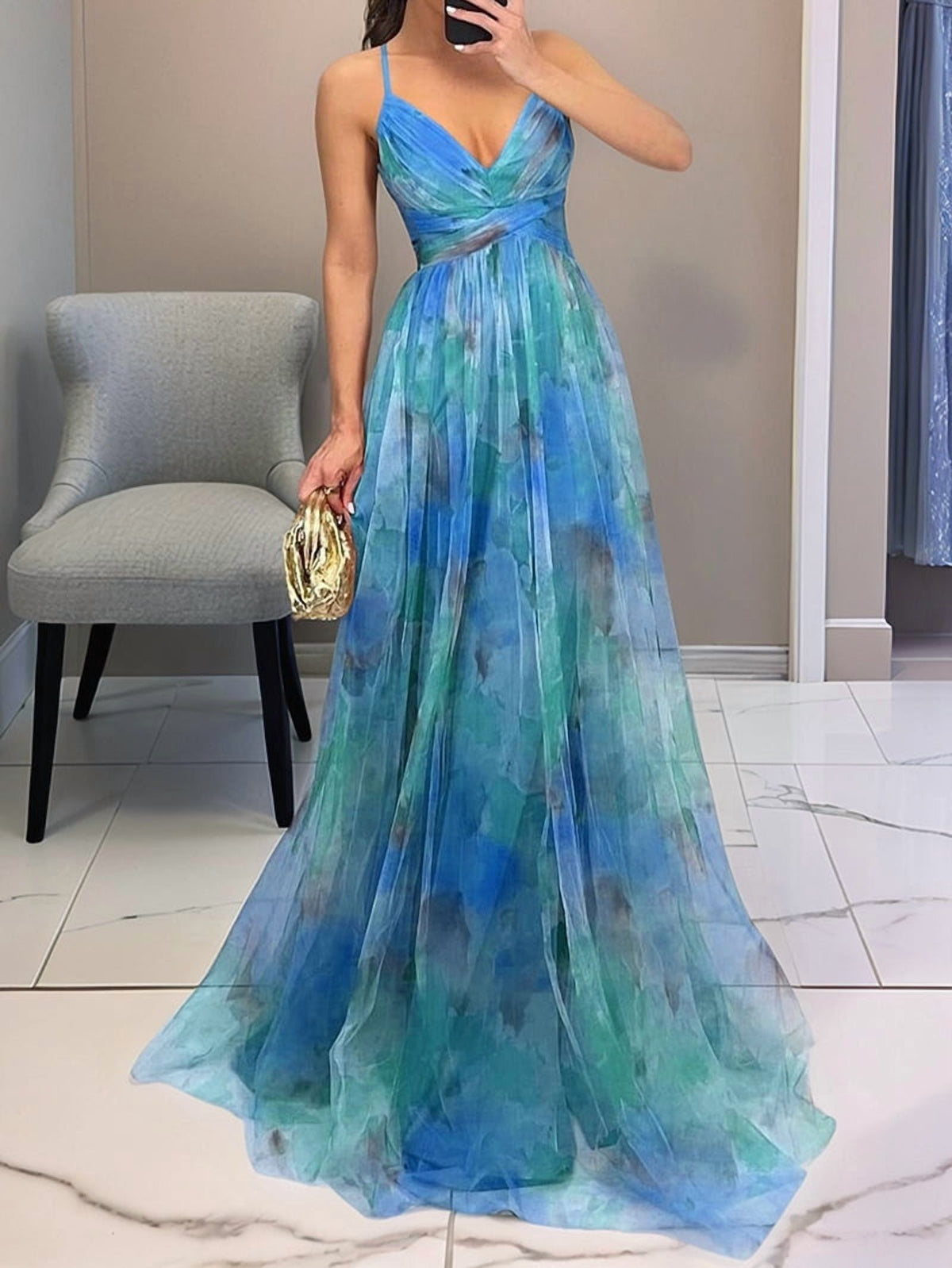 thumbnail image 5 of Women'S Floral Strappy Dress Low Cut Tie Front High Waist Slit Maxi Printed Summer Dress Green L, 5 of 6