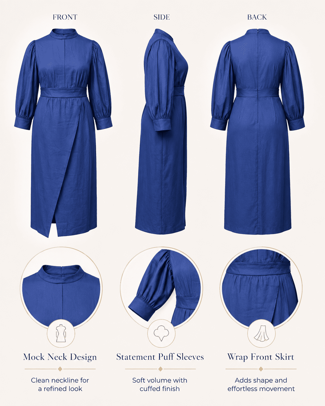 thumbnail image 4 of Plus Size Faux Denim Wrap Waist Maxi Dress, Puff Sleeve Mandarin Collar Front Slit Casual Semi-Formal Dress, 4 of 6