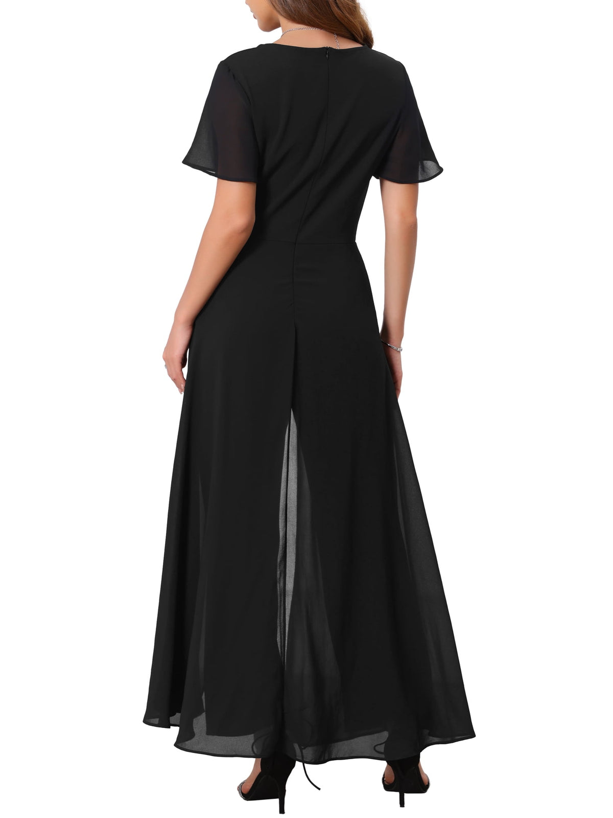 thumbnail image 4 of INSPIRE CHIC Women's Wide Leg Jumpsuits Chiffon Cocktail Dressy Short Sleeves V Neck Jumpsuit Pants S Black, 4 of 7