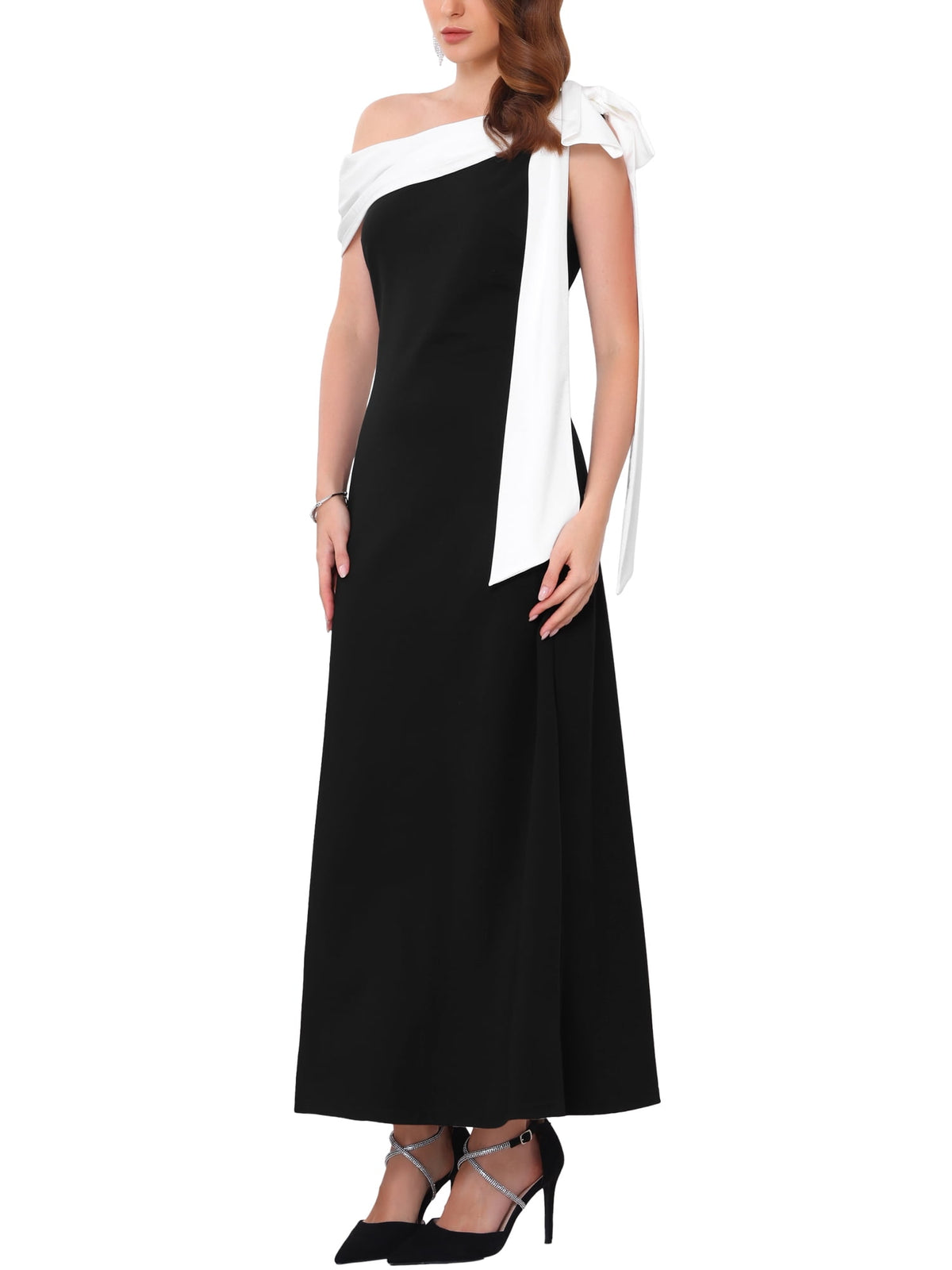 thumbnail image 4 of INSPIRE CHIC Women's Evening Dress One Shoulder Bow Wedding Guest Bridesmaid Cocktail Prom A-Line Maxi Dresses S Black, 4 of 6