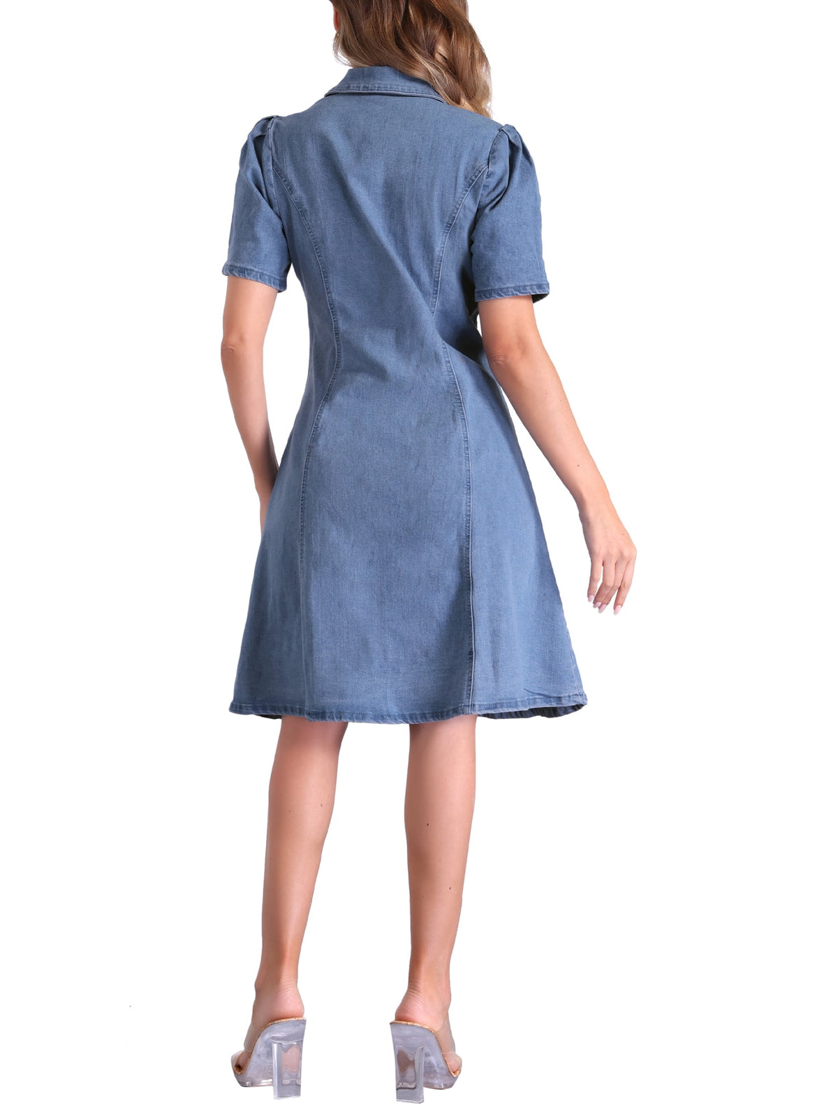thumbnail image 3 of INSPIRE CHIC Women's Denim Dress Puff Short Sleeve Lapel Collar Button Down Midi Dress XS Light Blue, 3 of 6
