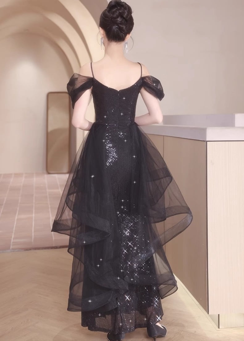 thumbnail image 4 of Black Sparkly Mesh Formal Gown for Women, Spaghetti Strap Short Sleeve Slim Fit Maxi Dress, Wedding Guest Evening Party Dress for Banquet Ceremony, 4 of 6