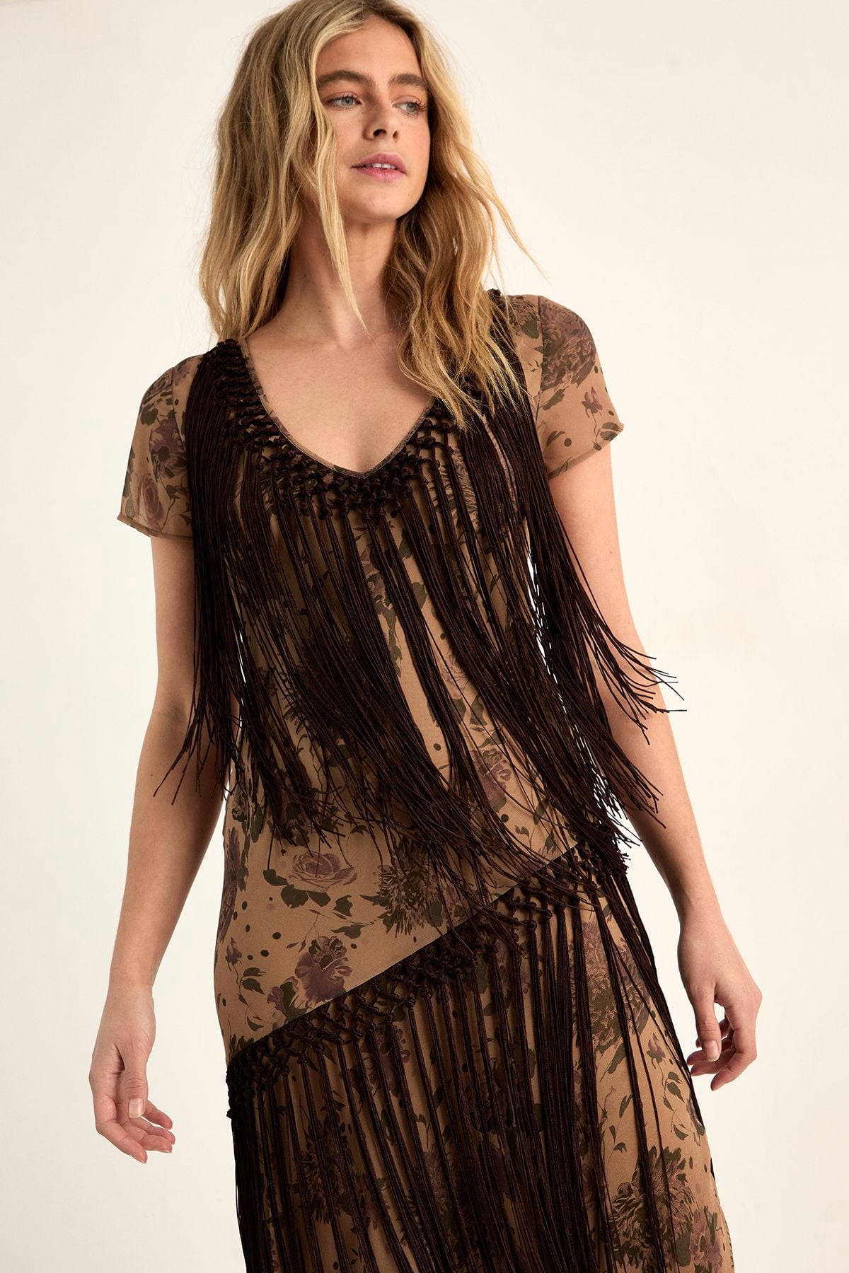 thumbnail image 2 of Nasty Gal Floral Chiffon Fringe Maxi Dress - Cream, 4, 2 of 5