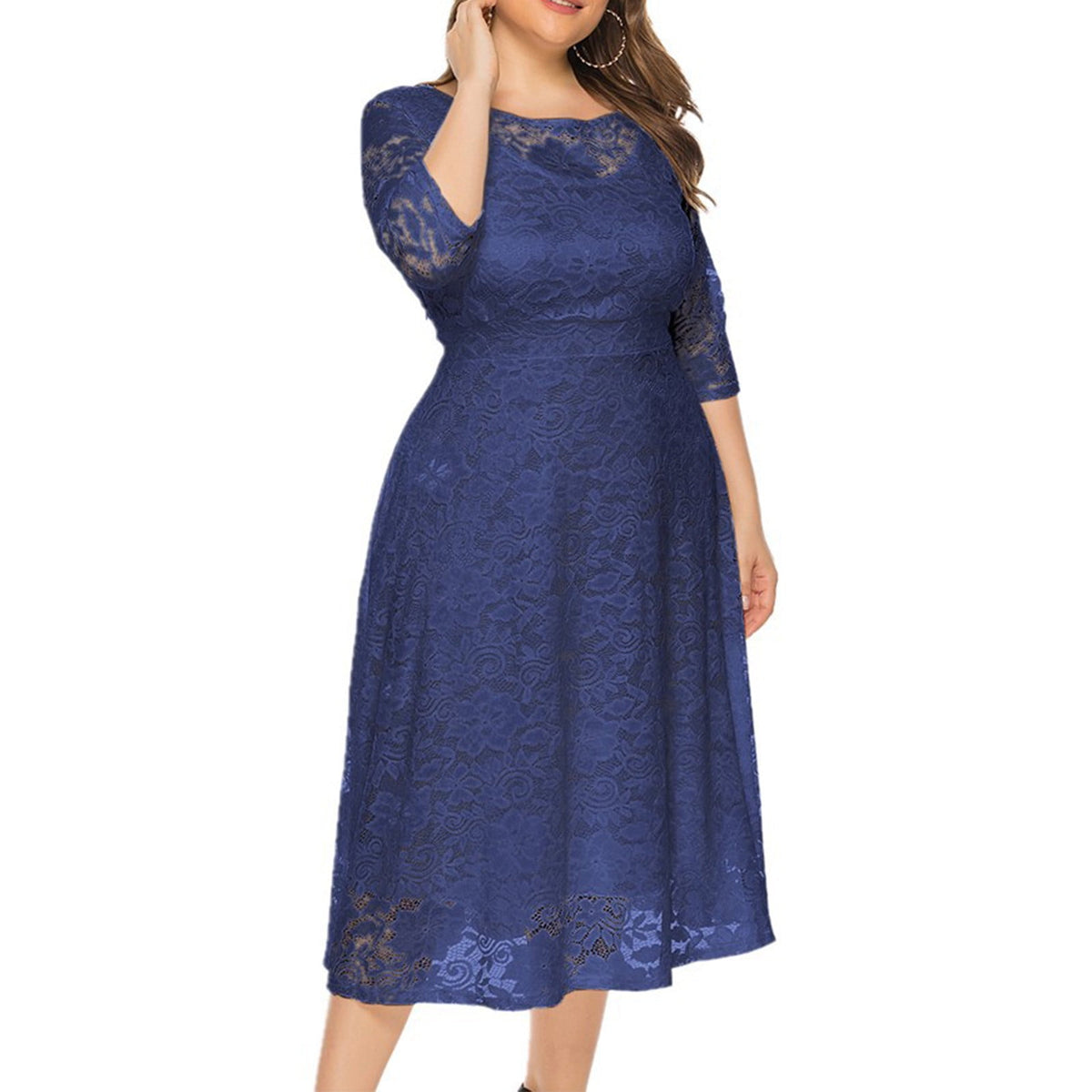 thumbnail image 4 of gakvbuo Plus Size Dresses For Curvy Women Wedding Guest Fall Dresses For Women 2023 Women's Large Size Hollow Lace Pocket Dress Evening Dress Long Skirt, 4 of 4