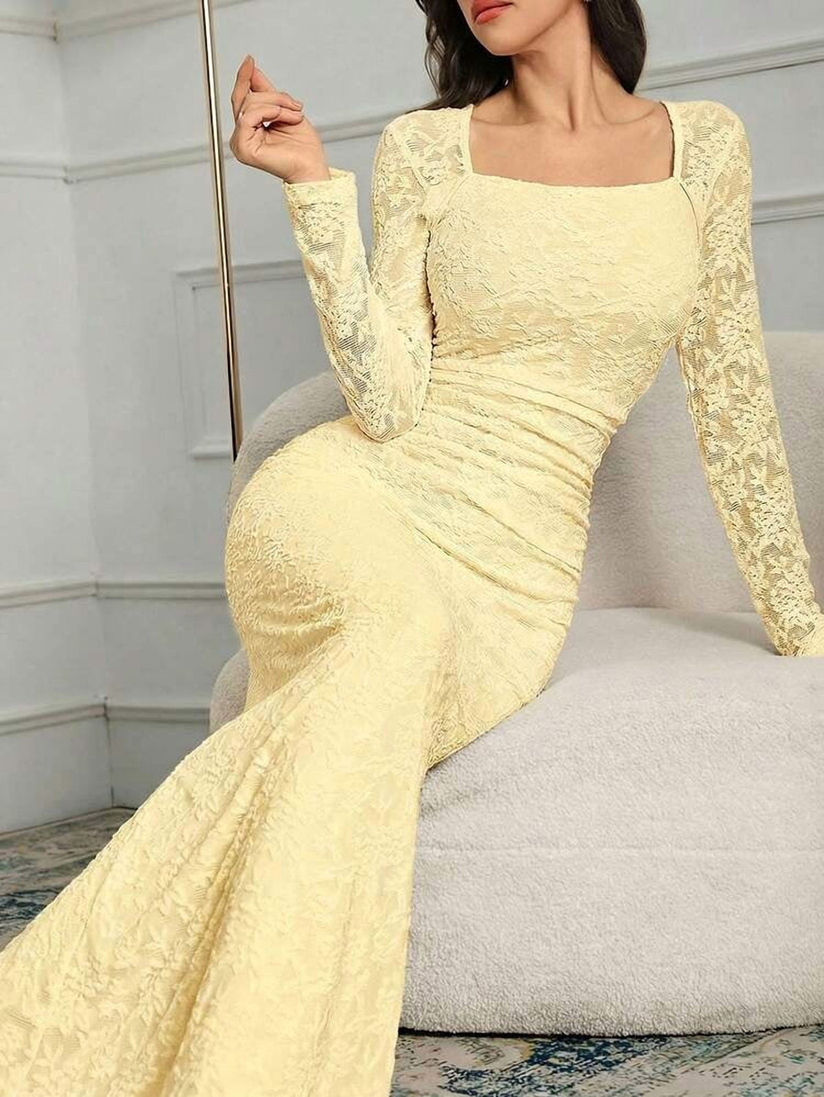 thumbnail image 4 of Pale Yellow Lace Long Sleeve Square Neck Bodycon Evening Dress, 4 of 7