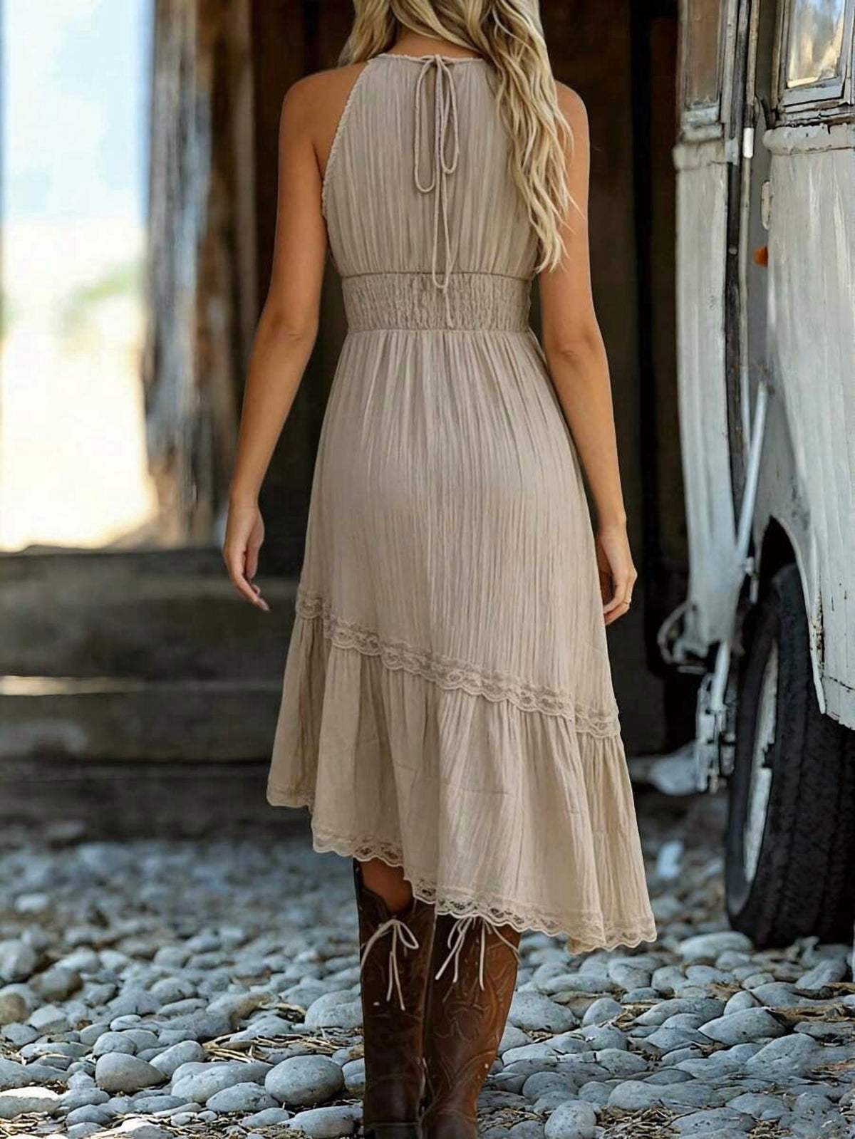 thumbnail image 2 of Womens Khaki Boho Halter Midi Dress With Lace Ruffle Hem And Lace-Up Detail, 2 of 5
