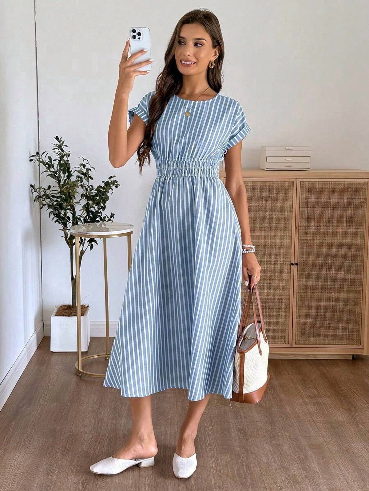thumbnail image 6 of Womens Blue And White Striped Ruched Waist Midi Dress Summer Vacation, 6 of 9