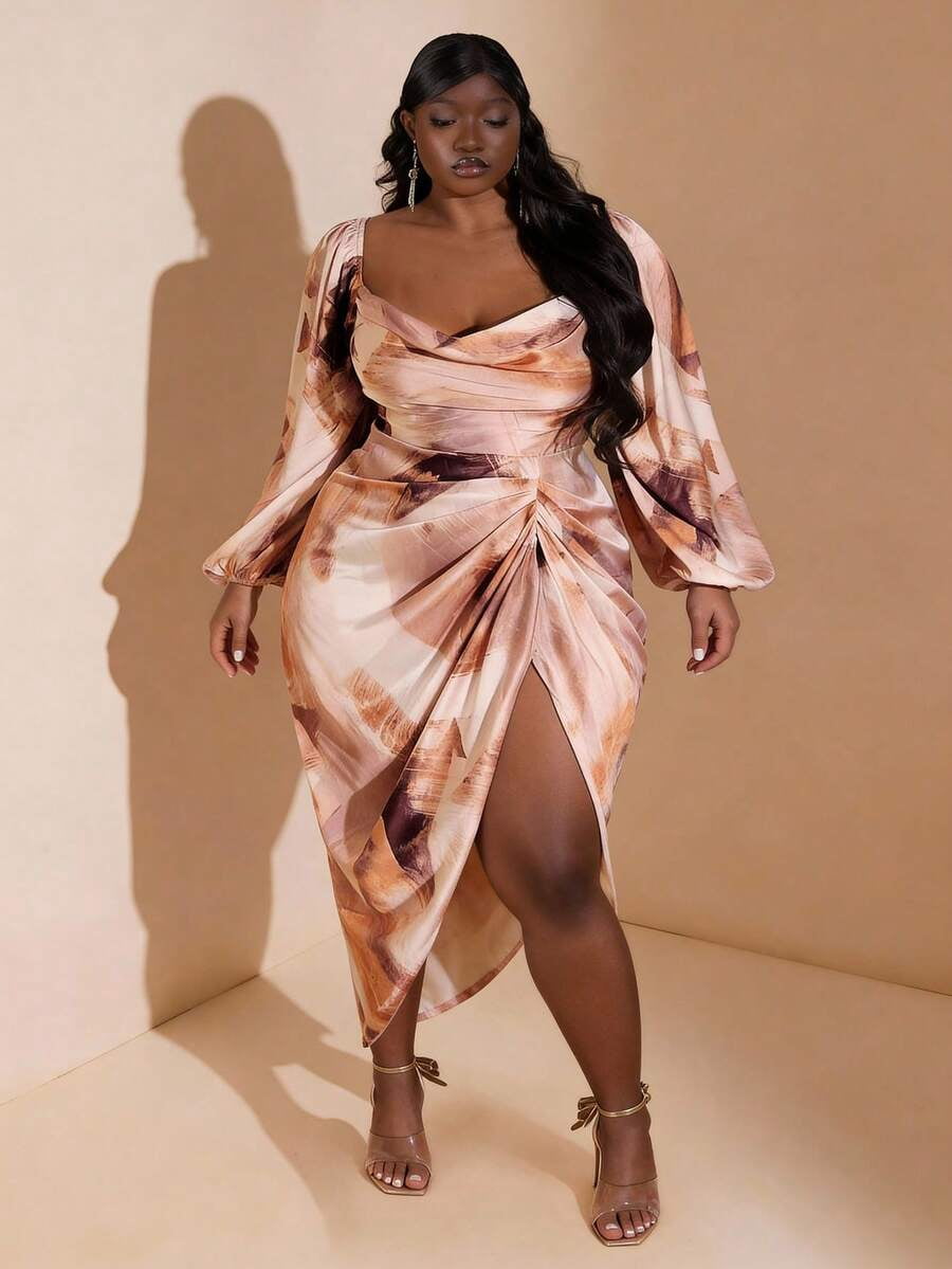 thumbnail image 3 of Multicolor Plus Size Satin Draped Neck Ruched Wrap Dress With Slit, 3 of 4