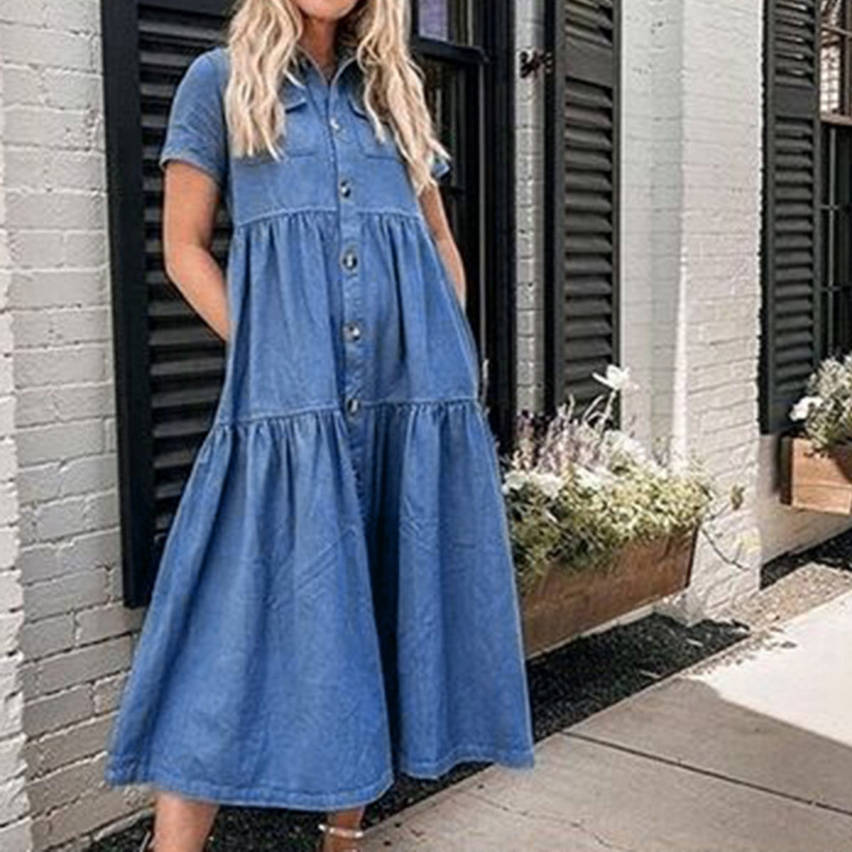 thumbnail image 4 of Women's Denim Maxi Dress, Solid Color Short Sleeve Button Down Collar Casual Sundress with Pockets, Long Length Jean Dress for Daily Summer Wear and Street Style Blue, 4 of 10