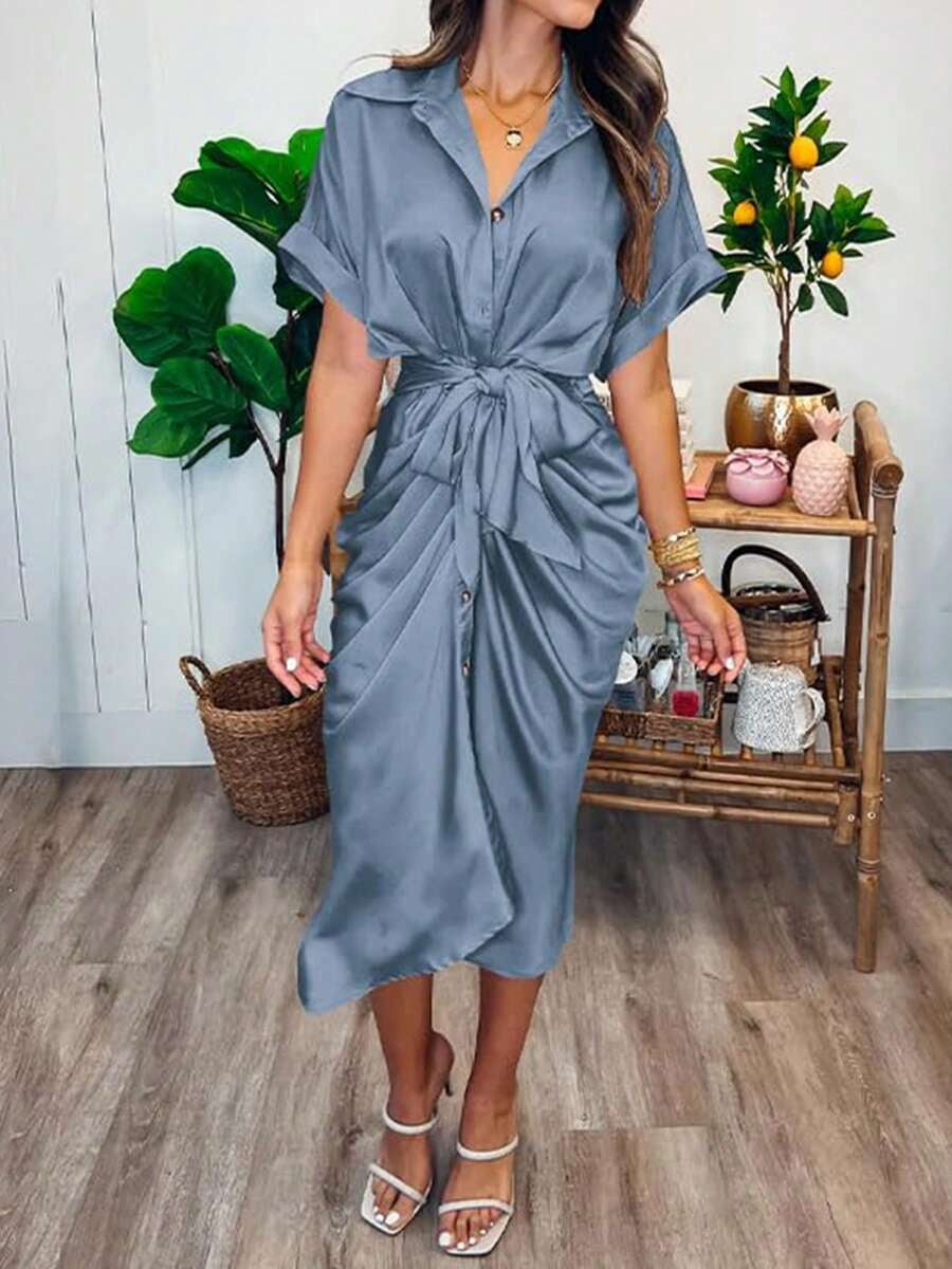 thumbnail image 3 of Grayish Blue Ruched Button Down Midi Dress with Tie Waist, 3 of 5