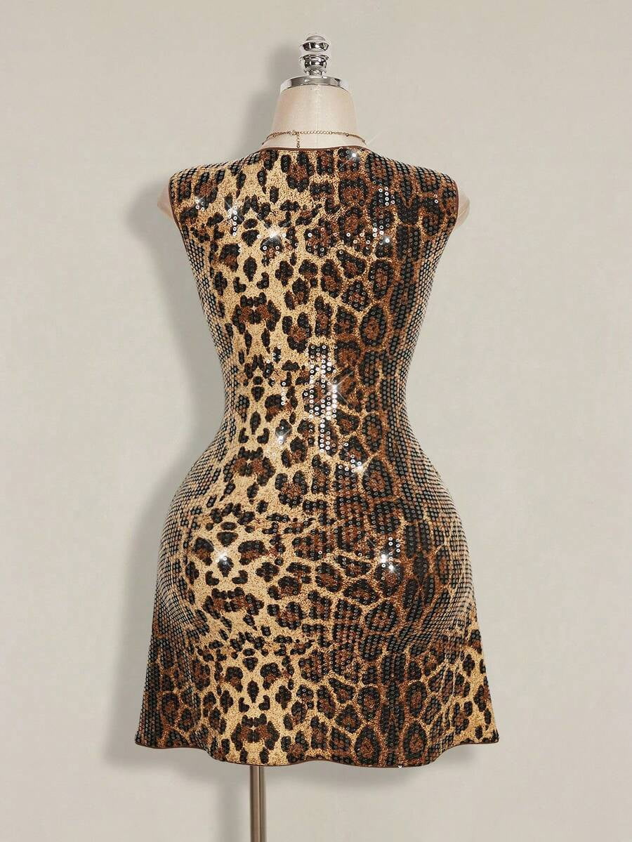 thumbnail image 2 of Multicolor Plus Size Sleeveless Leopard Print Sequin Cocktail Dress, 2 of 9