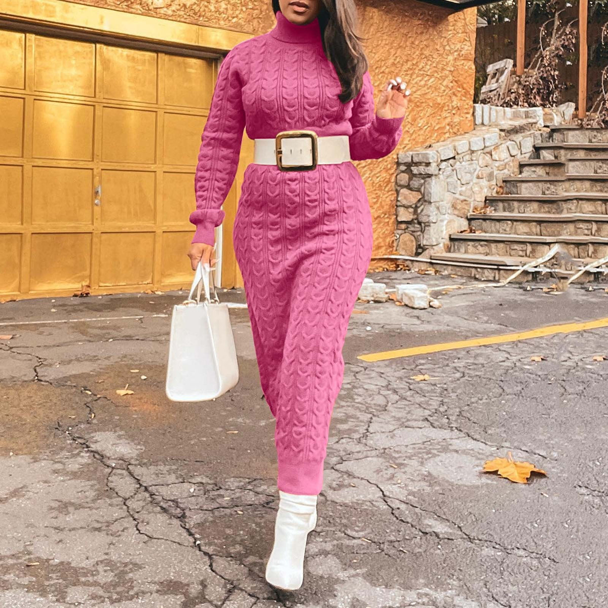 thumbnail image 2 of DHFJKG Sweater Dress For Women Knit Jacquard Turtleneck Long Sleeve Solid Color Slim Fit Maxi Dress (Without Belt) Classic Dresses, 2 of 5