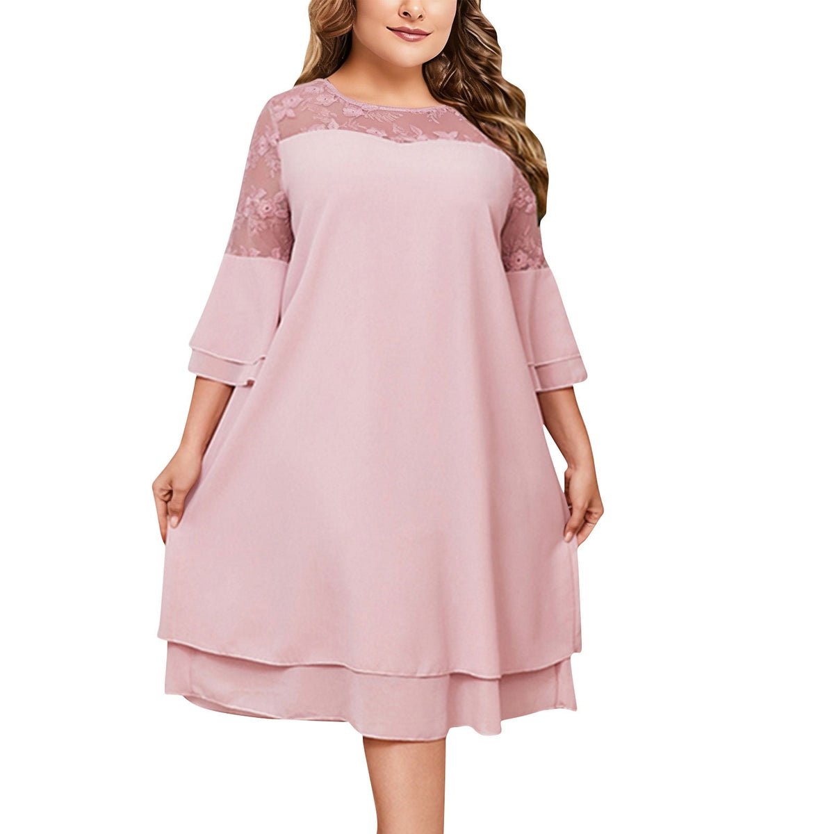 thumbnail image 3 of TaTaai Womens Clothes Plus Size Embroidered Patchwork Round Neck Five Quarter Sleeve Elegant Dress for Daily Gift, 3 of 7