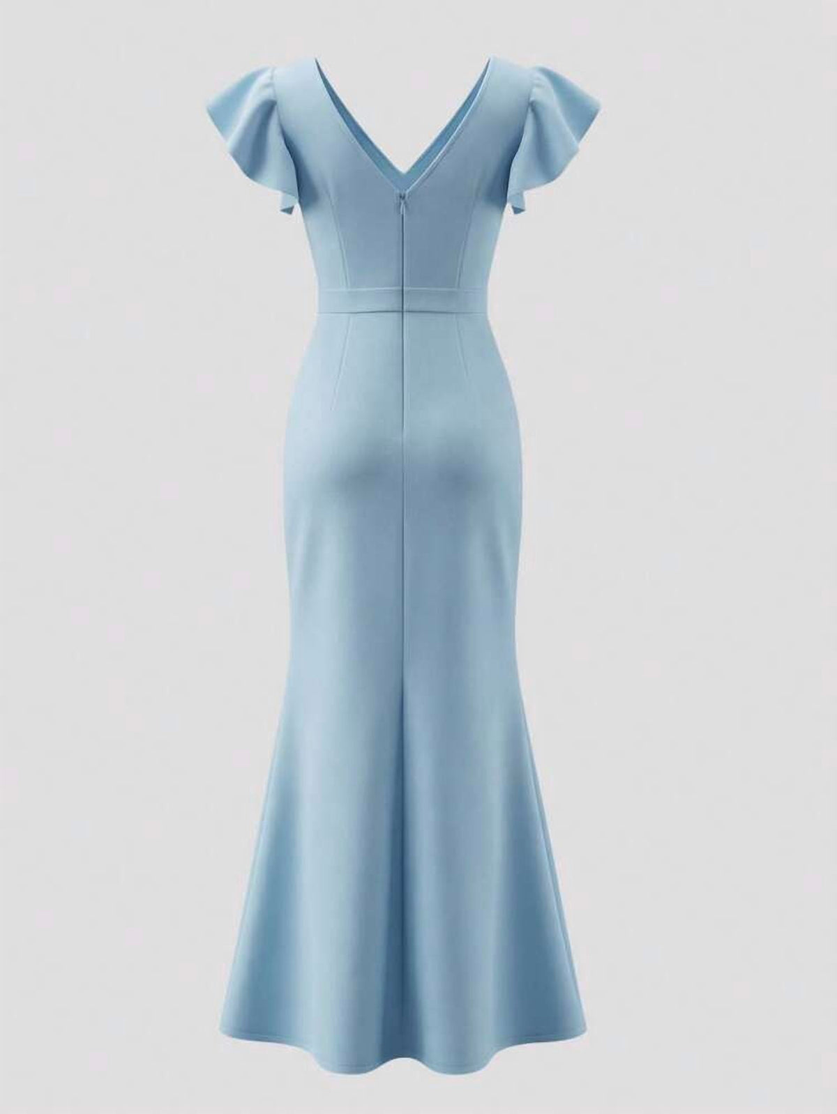 thumbnail image 2 of Blue Long Dress with Deep V Neck and Ruffle Sleeves, 2 of 5