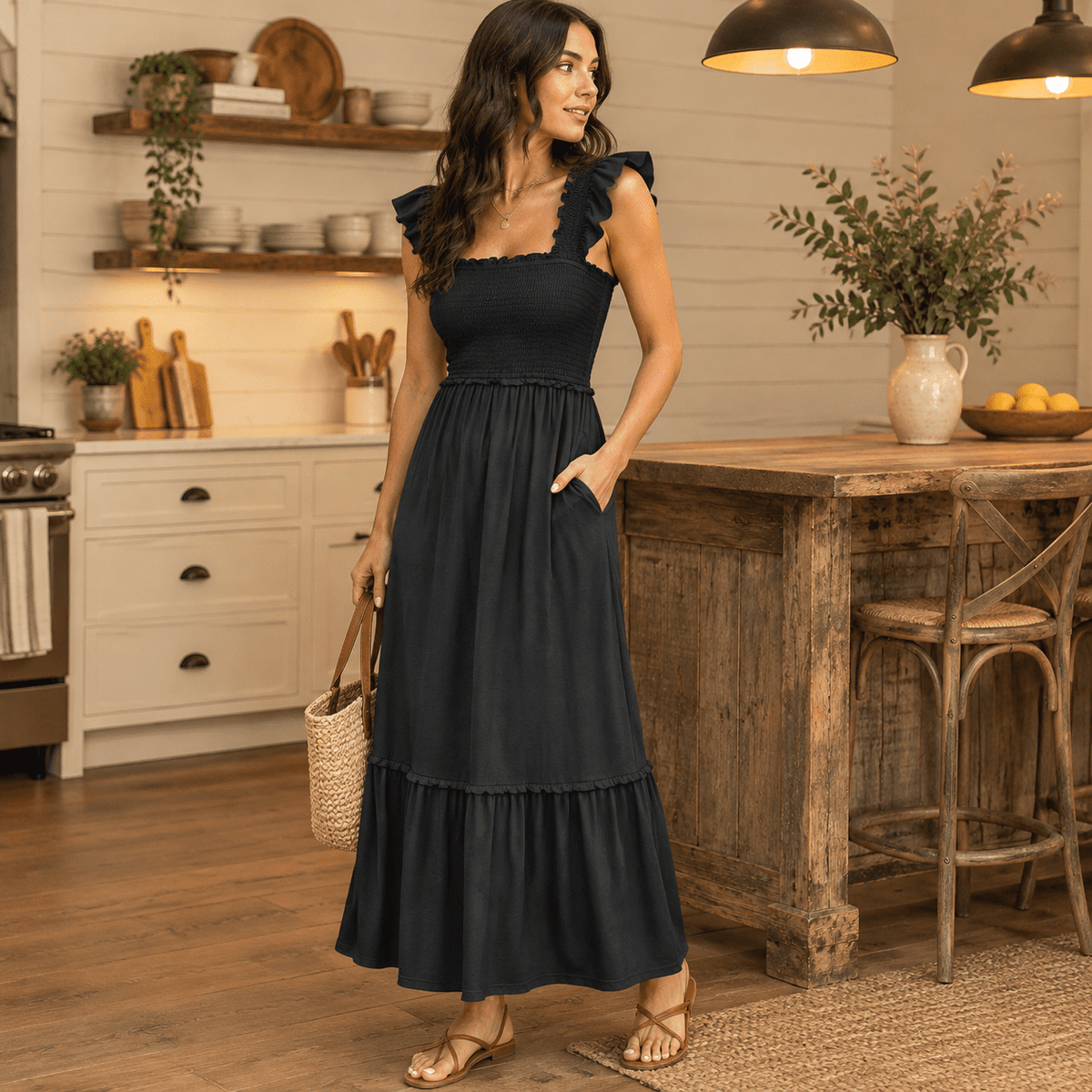 thumbnail image 5 of Womens Black Medium Smocked Maxi Dress Summer Sleeveless Flowy Boho Sundress, 5 of 6