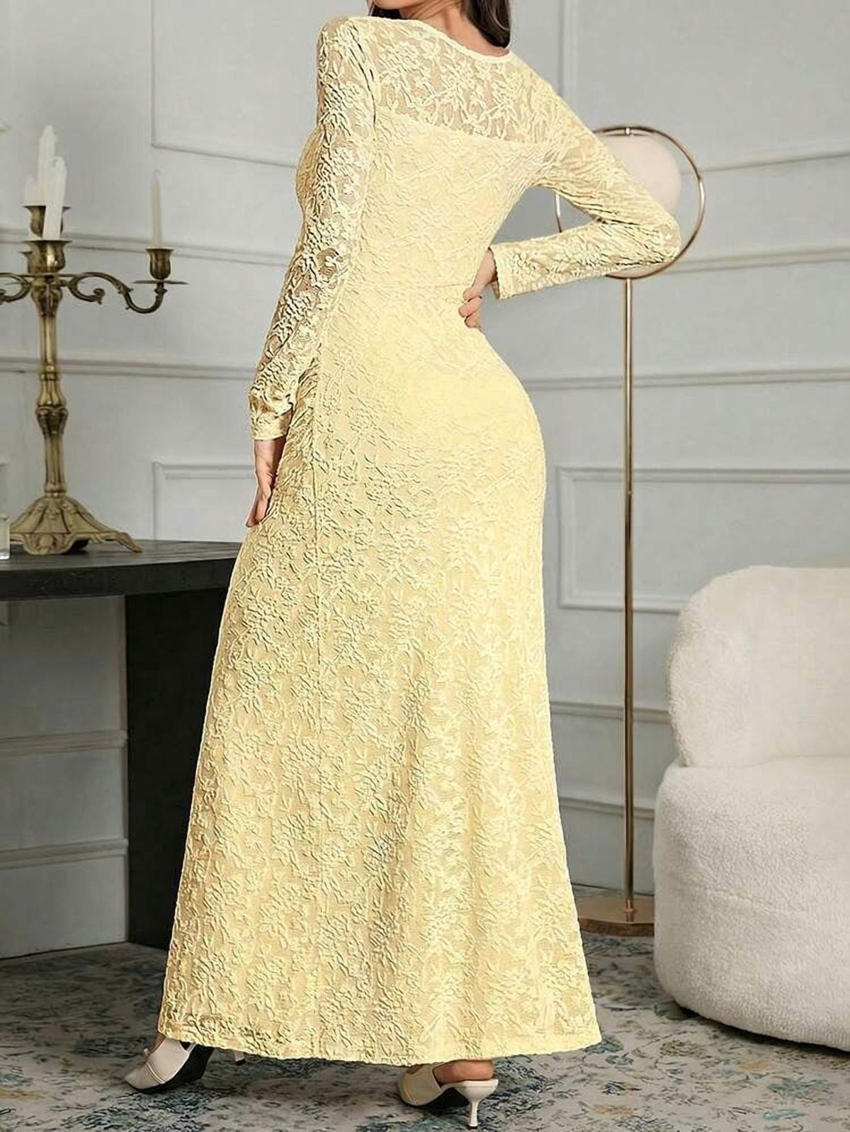 thumbnail image 5 of Pale Yellow Lace Long Sleeve Square Neck Bodycon Evening Dress, 5 of 7