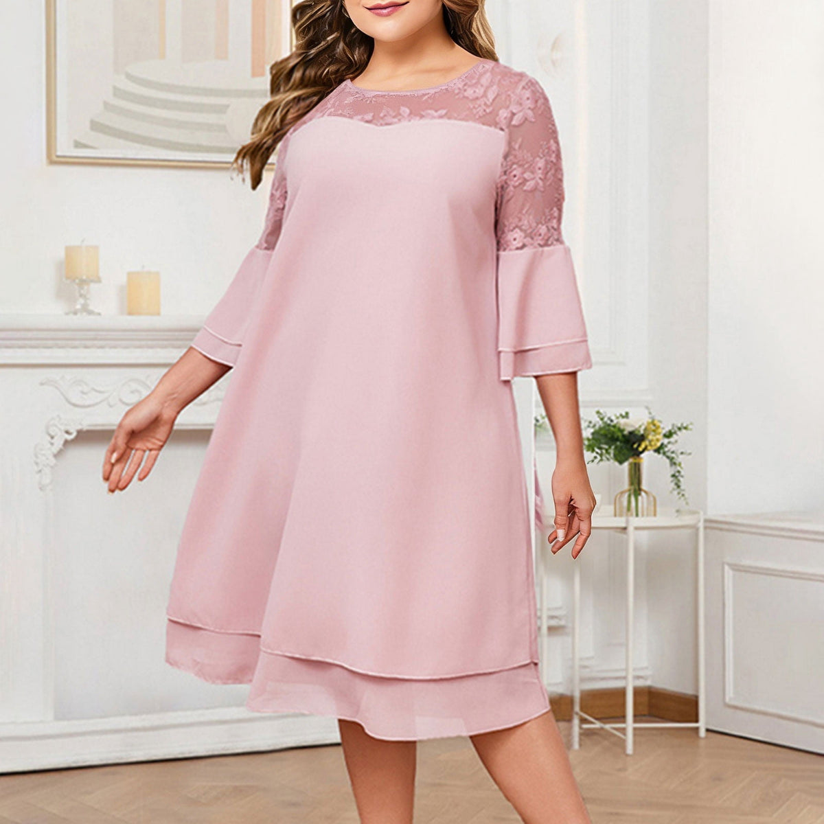 thumbnail image 2 of TaTaai Womens Clothes Plus Size Embroidered Patchwork Round Neck Five Quarter Sleeve Elegant Dress for Daily Gift, 2 of 7