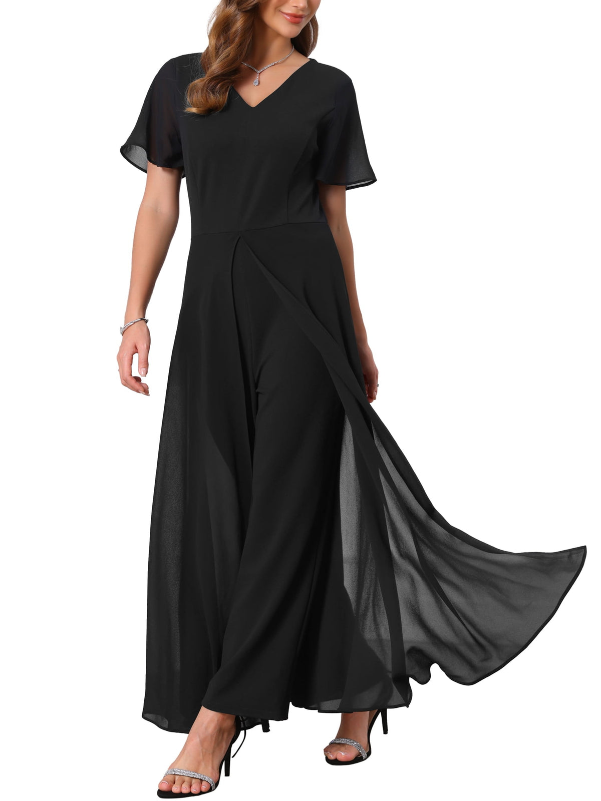 thumbnail image 5 of INSPIRE CHIC Women's Wide Leg Jumpsuits Chiffon Cocktail Dressy Short Sleeves V Neck Jumpsuit Pants S Black, 5 of 7