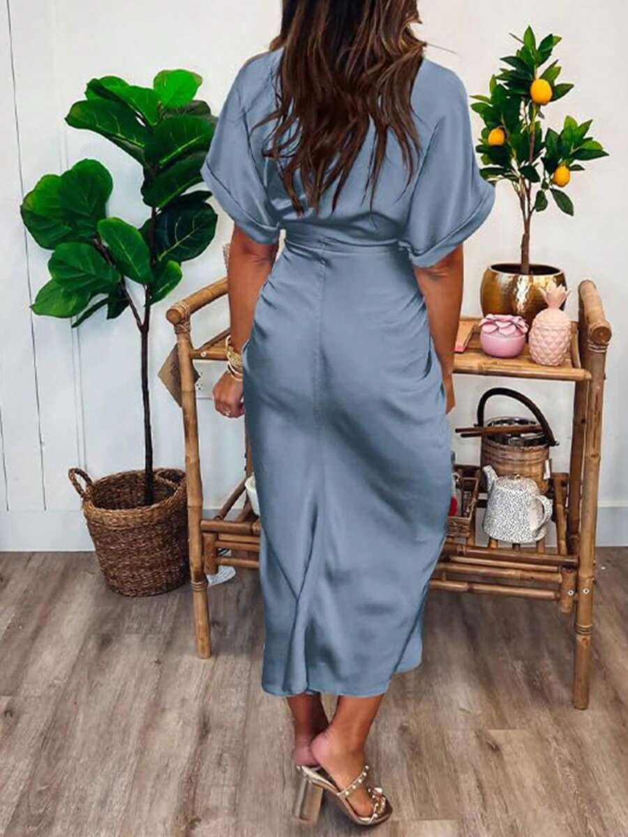 thumbnail image 2 of Grayish Blue Ruched Button Down Midi Dress with Tie Waist, 2 of 5